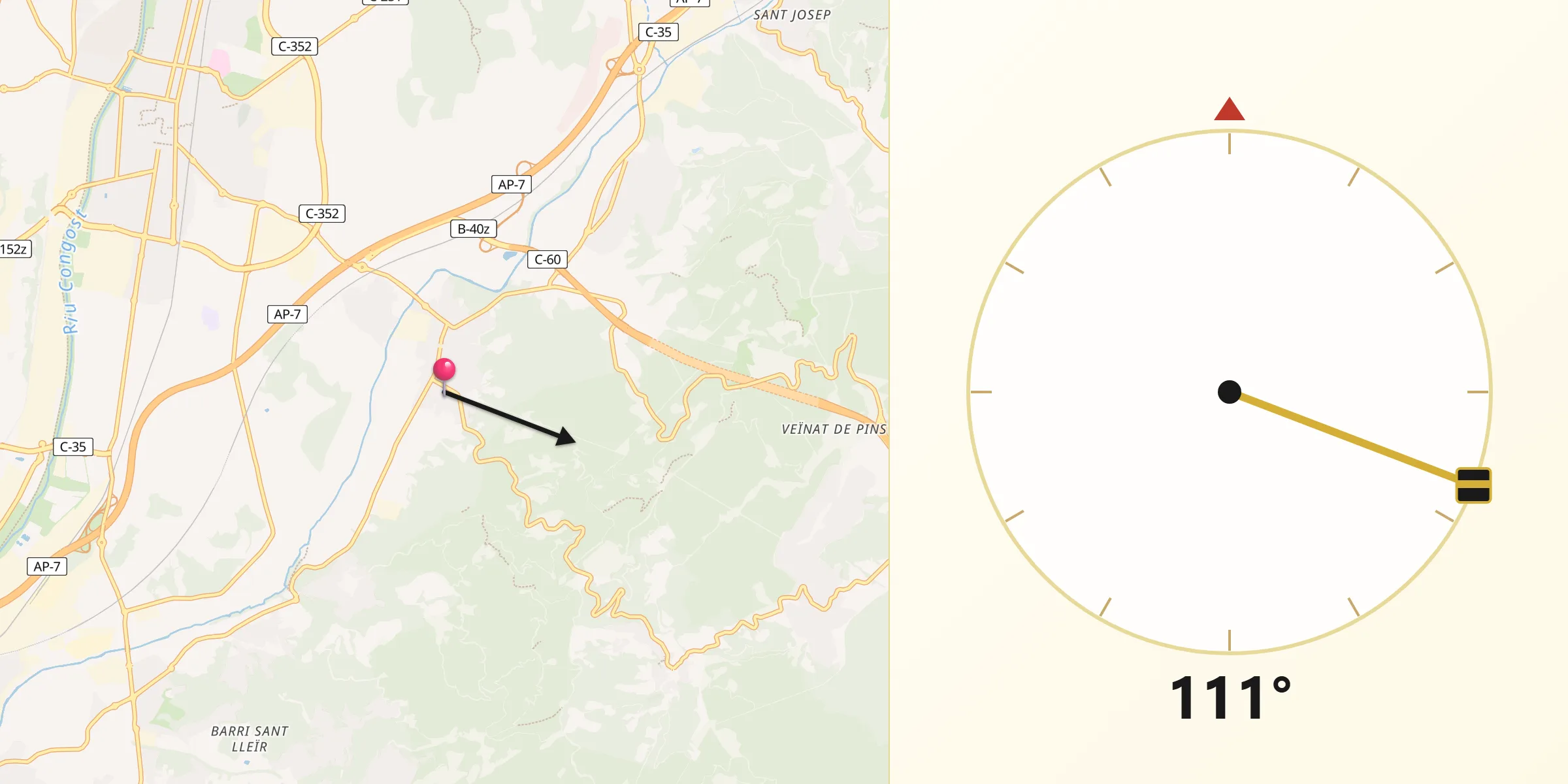 Dirección de la Qibla desde La Roca del Vallès
