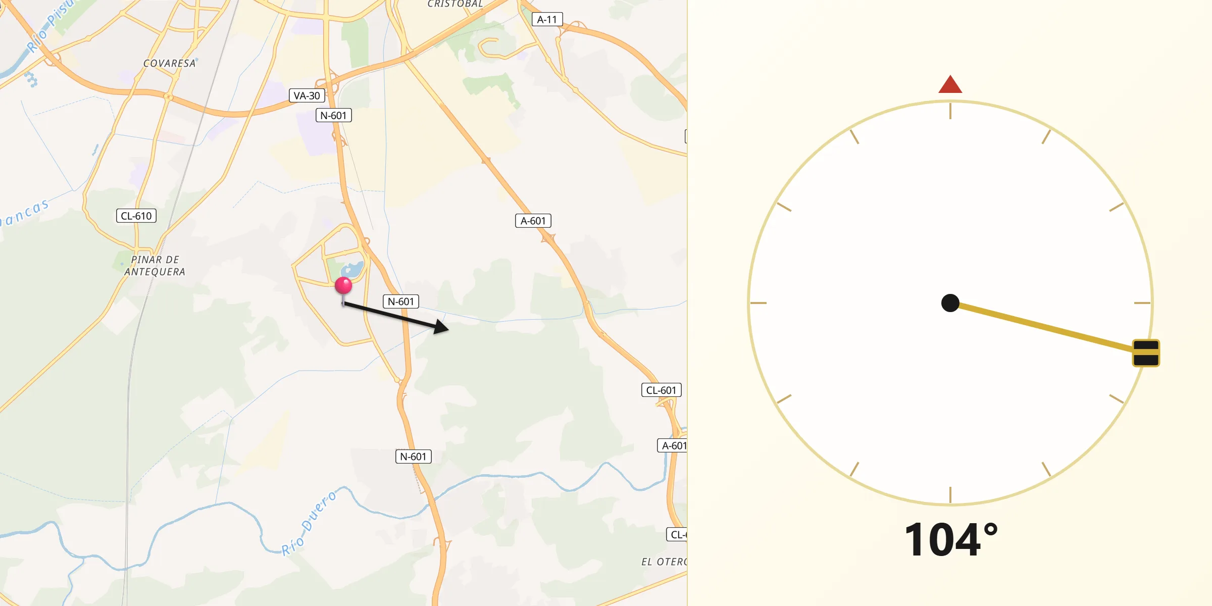 Dirección de la Qibla desde Laguna de Duero