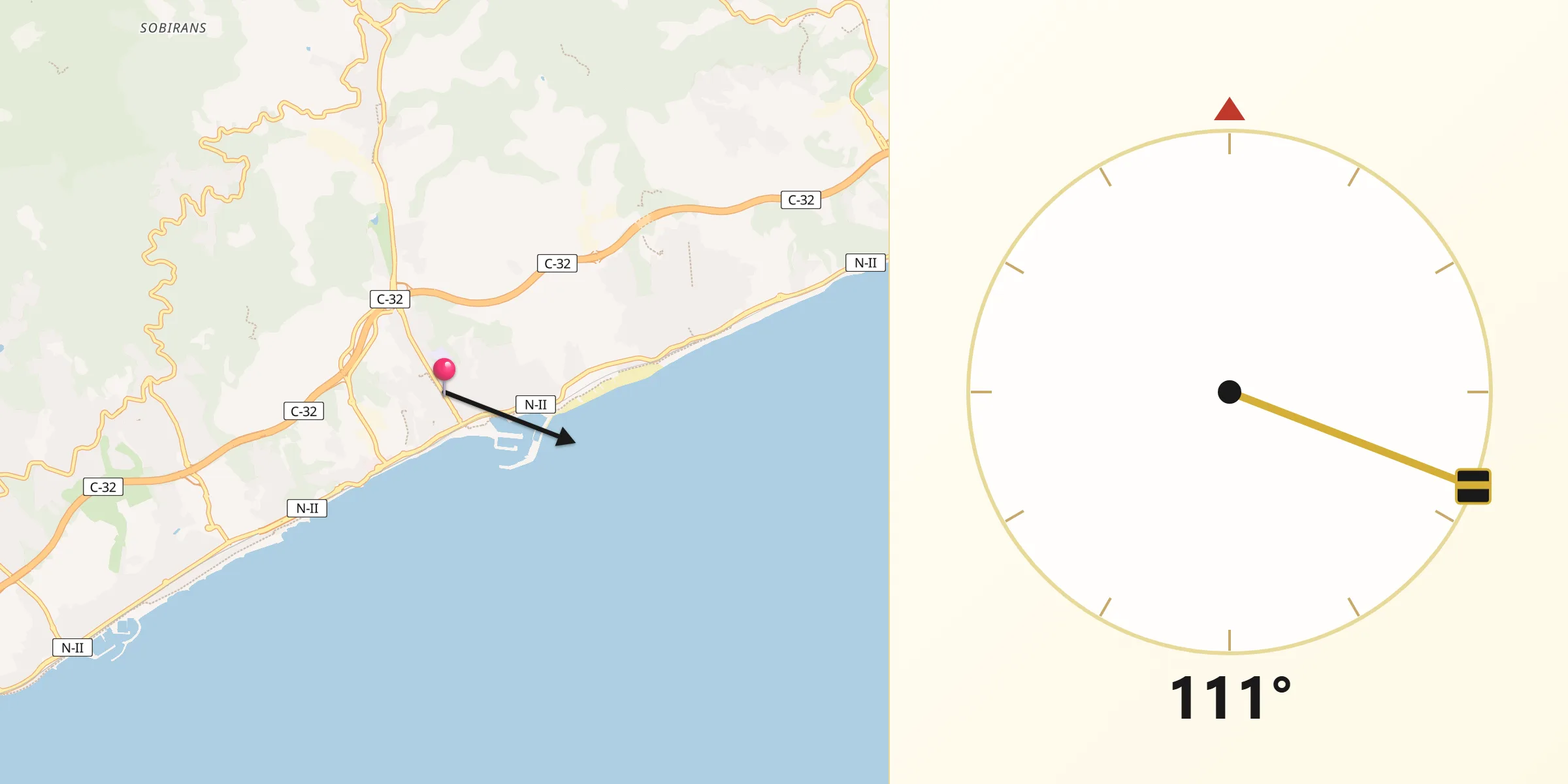 Dirección de la Qibla desde Arenys de Mar