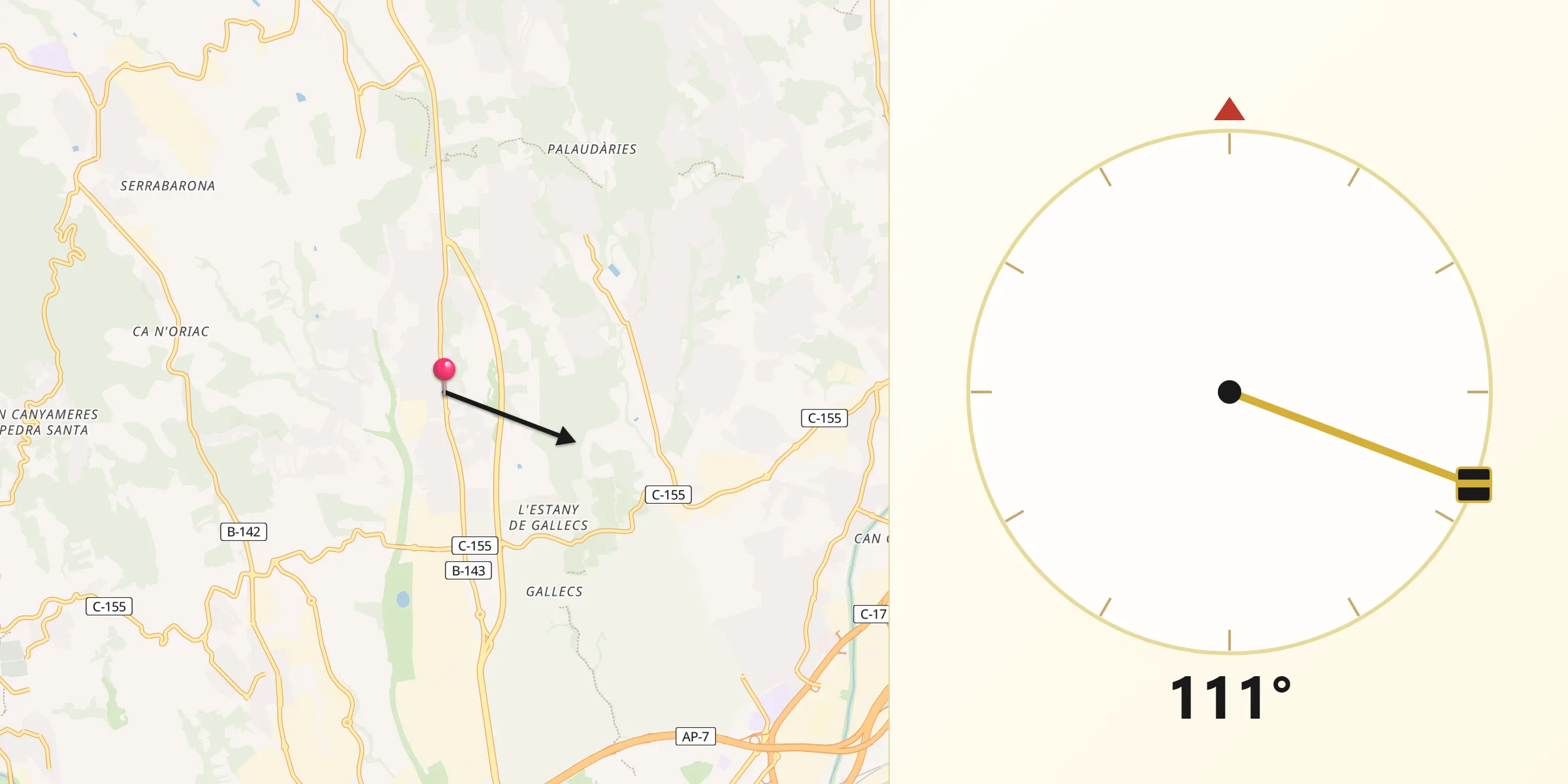 Dirección de la Qibla desde Palau-solità i Plegamans