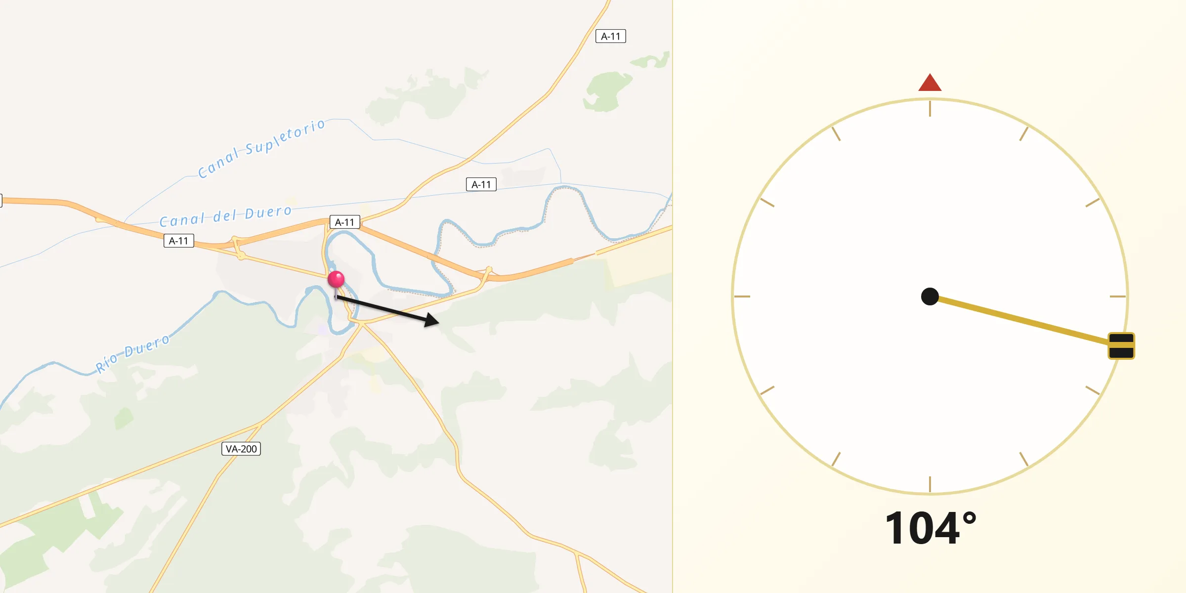 Dirección de la Qibla desde Tudela de Duero