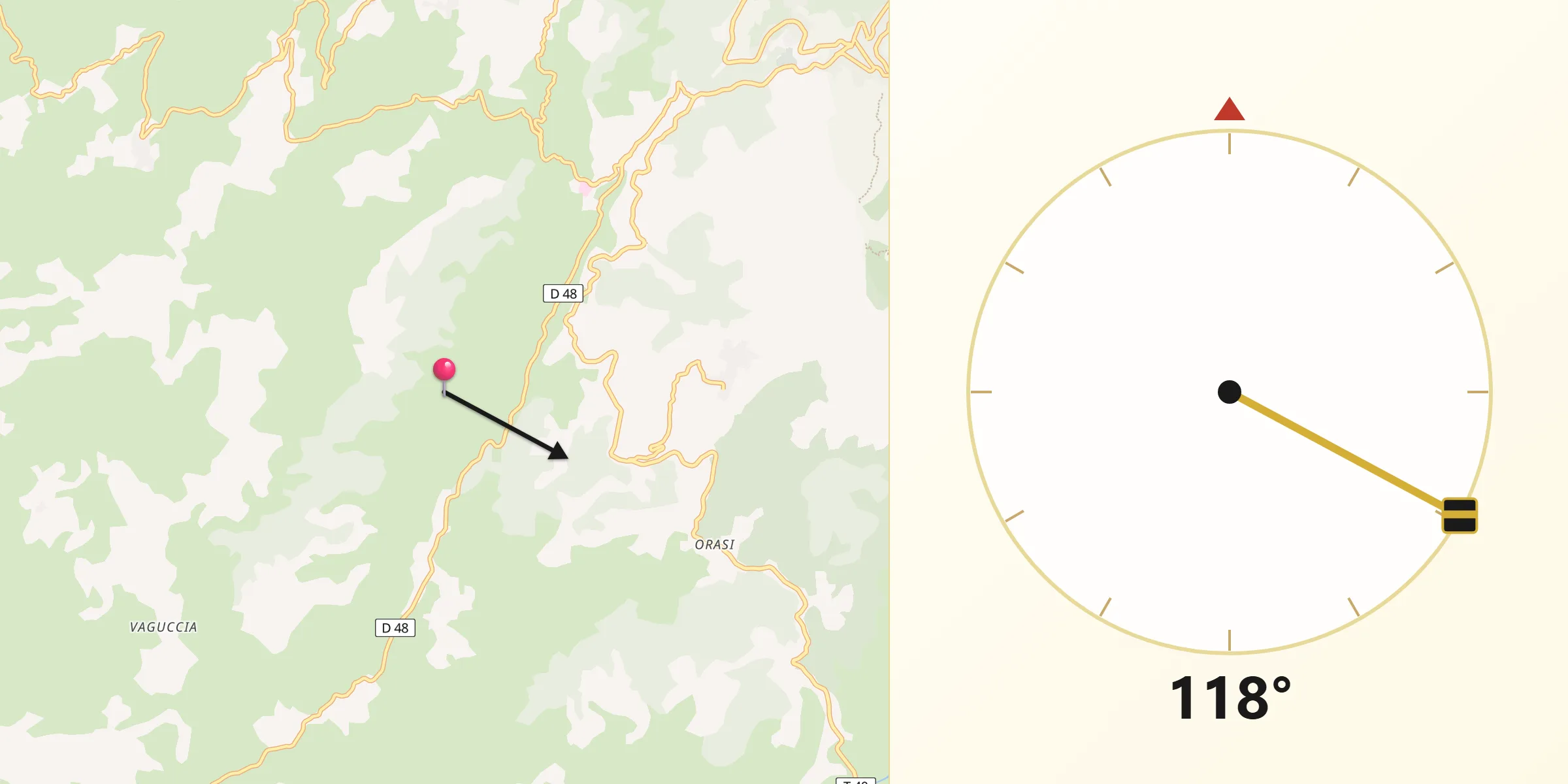 Direction vers la Qibla depuis Giuncheto