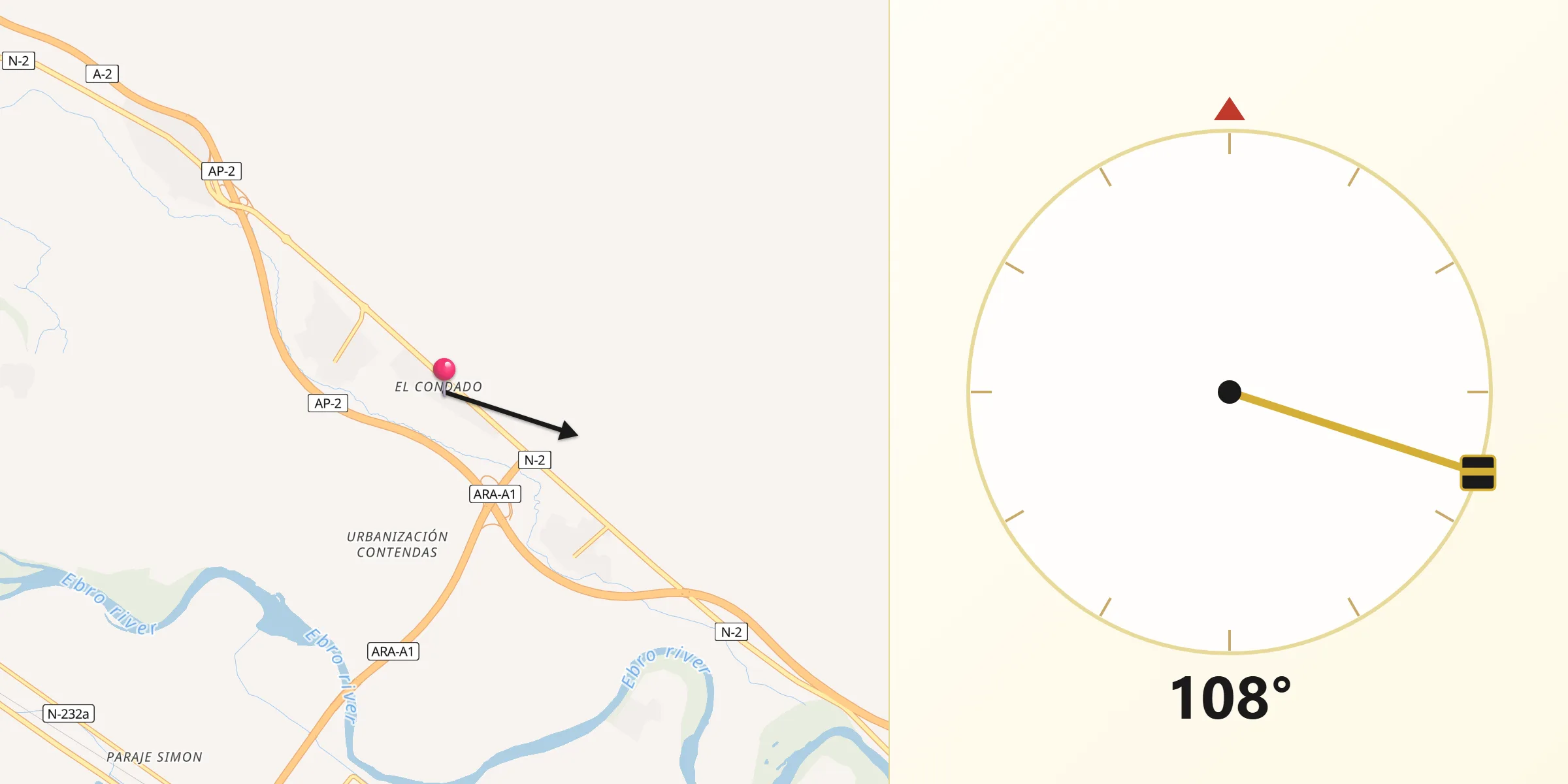 Dirección de la Qibla desde Nuez de Ebro