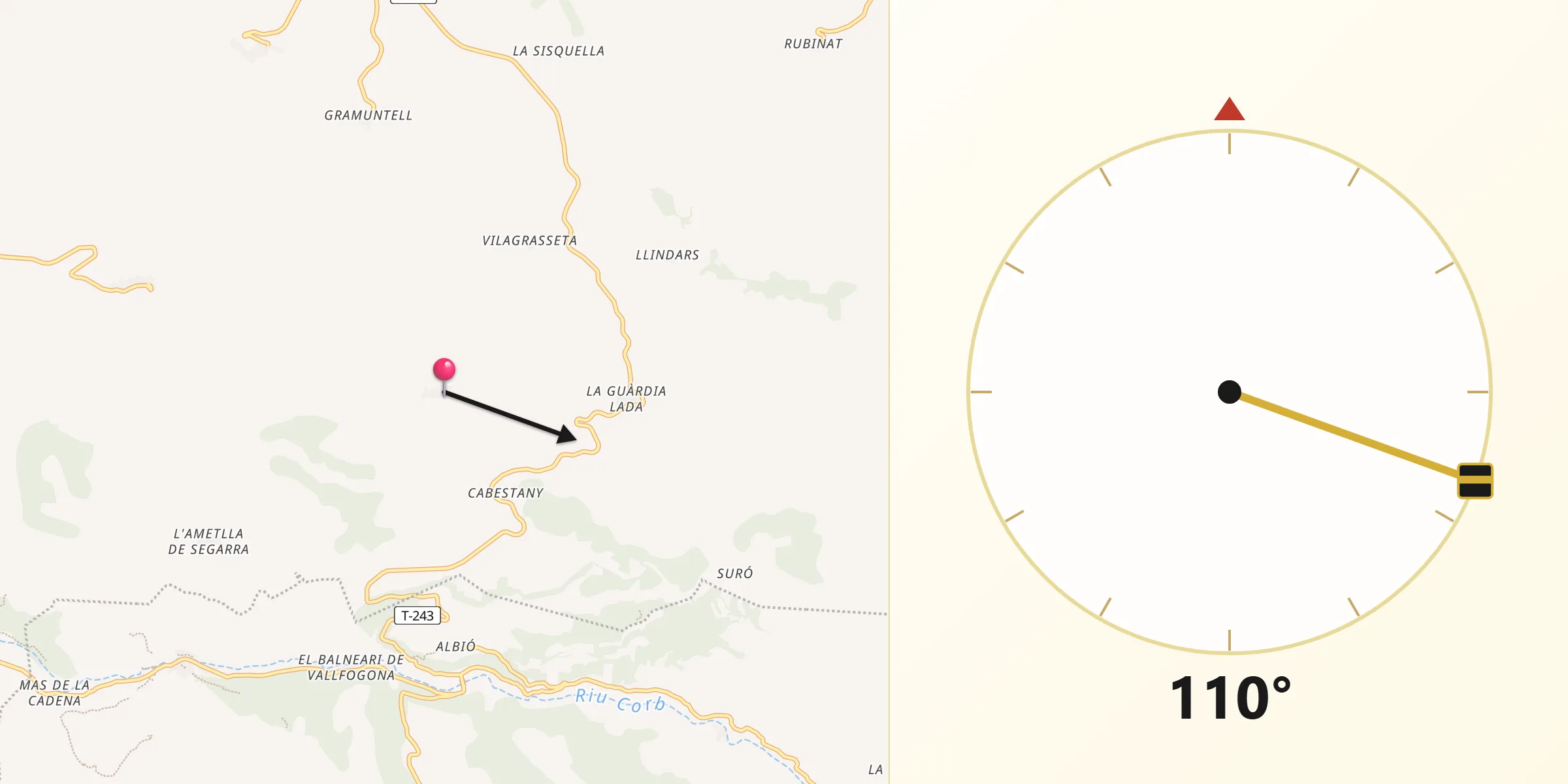 Dirección de la Qibla desde Montoliu de Segarra