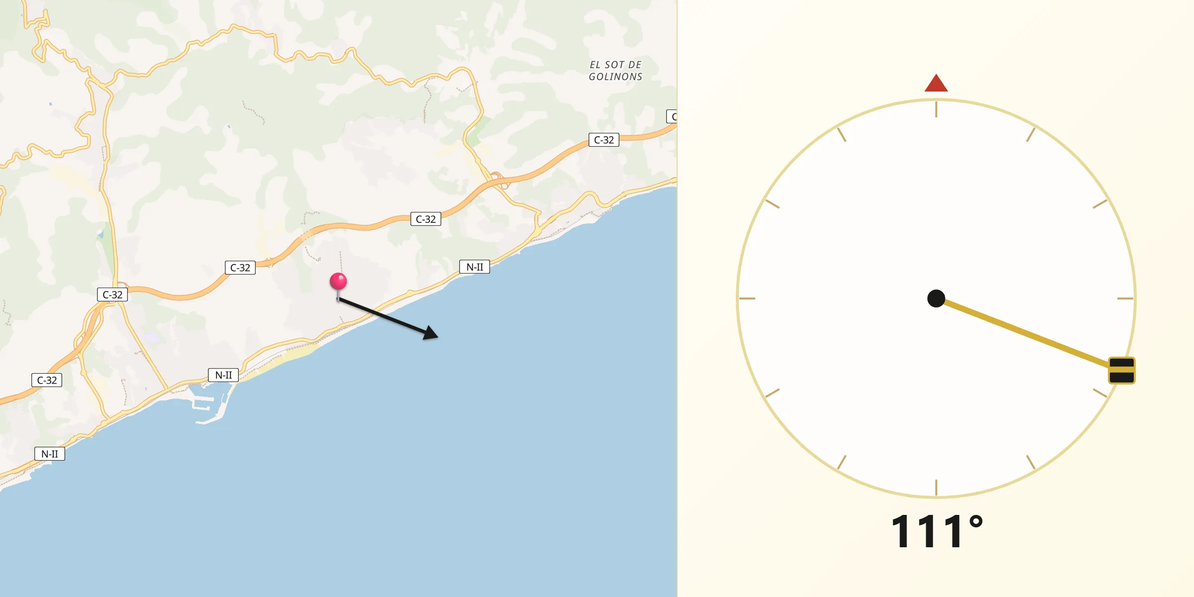 Dirección de la Qibla desde Canet de Mar