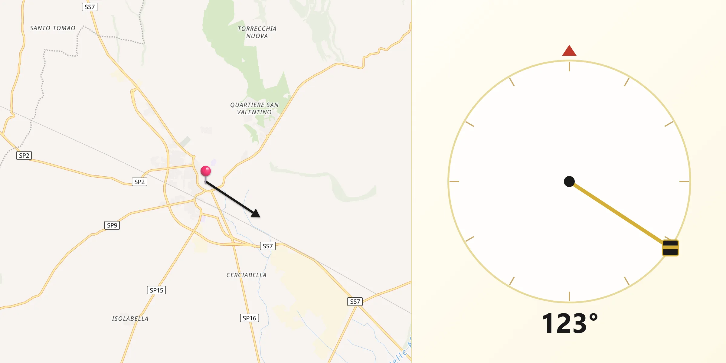 Direzione della Qibla da Cisterna di Latina