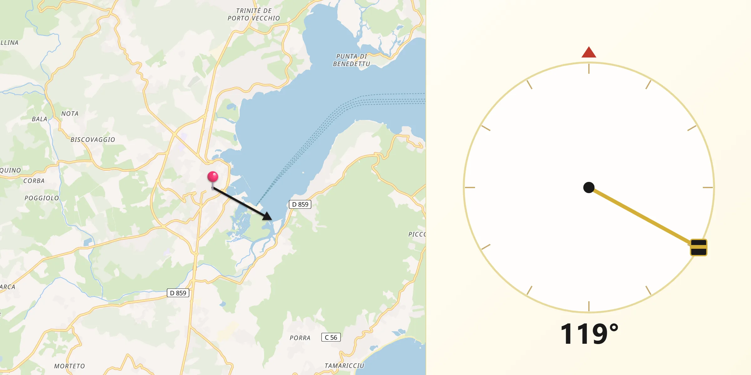 Direction vers la Qibla depuis Porto-Vecchio