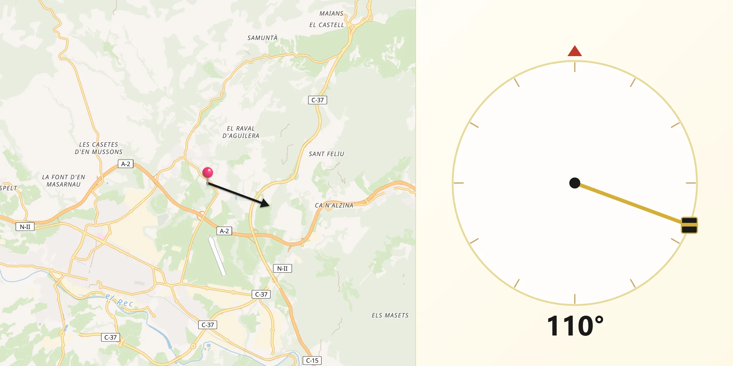 Dirección de la Qibla desde Òdena