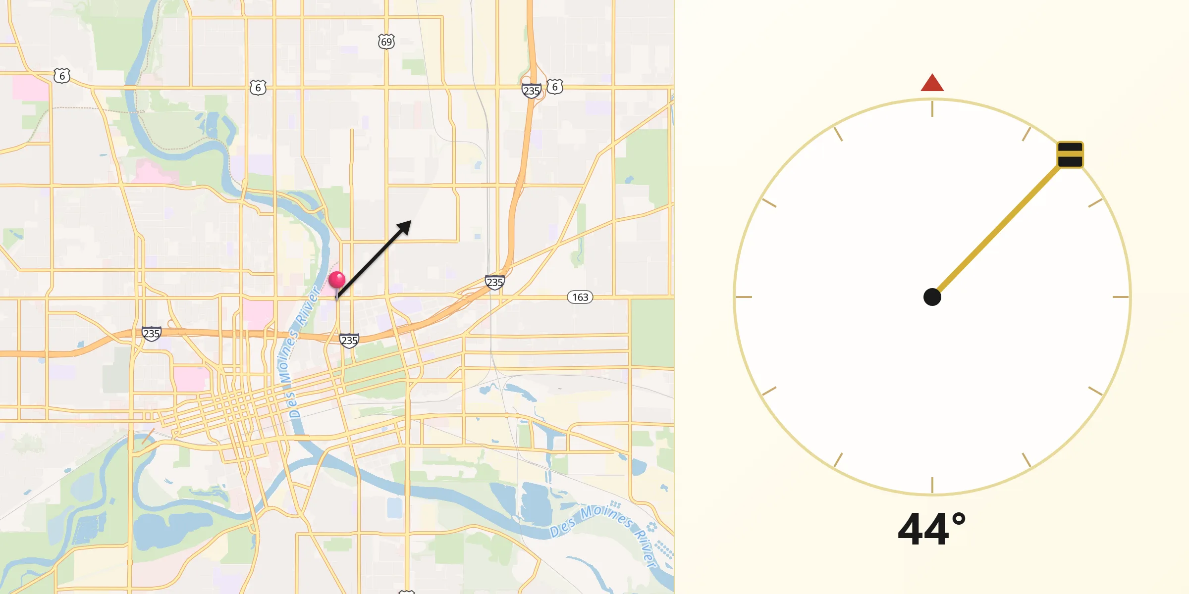 Qibla Direction from DesMoines