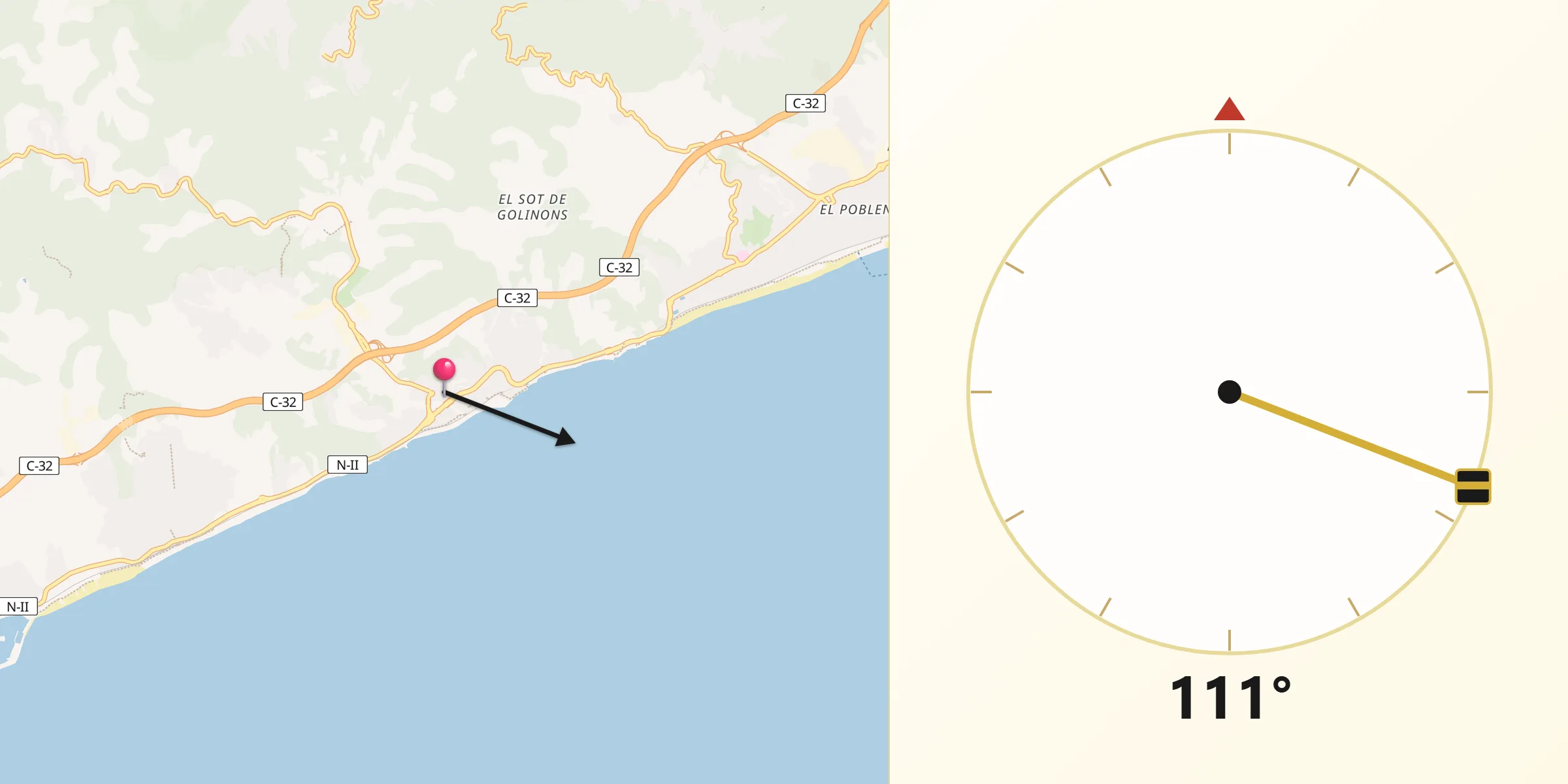 Dirección de la Qibla desde Sant Pol de Mar