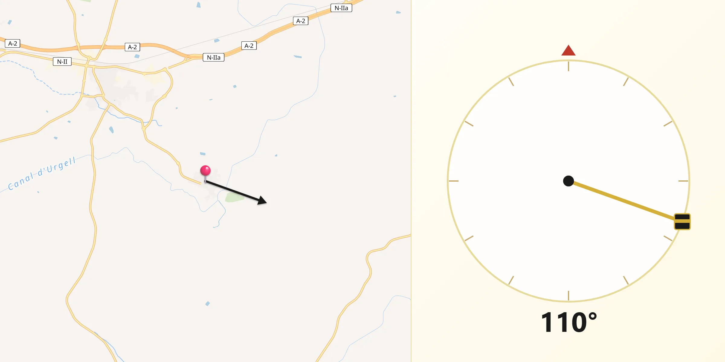 Dirección de la Qibla desde Preixana