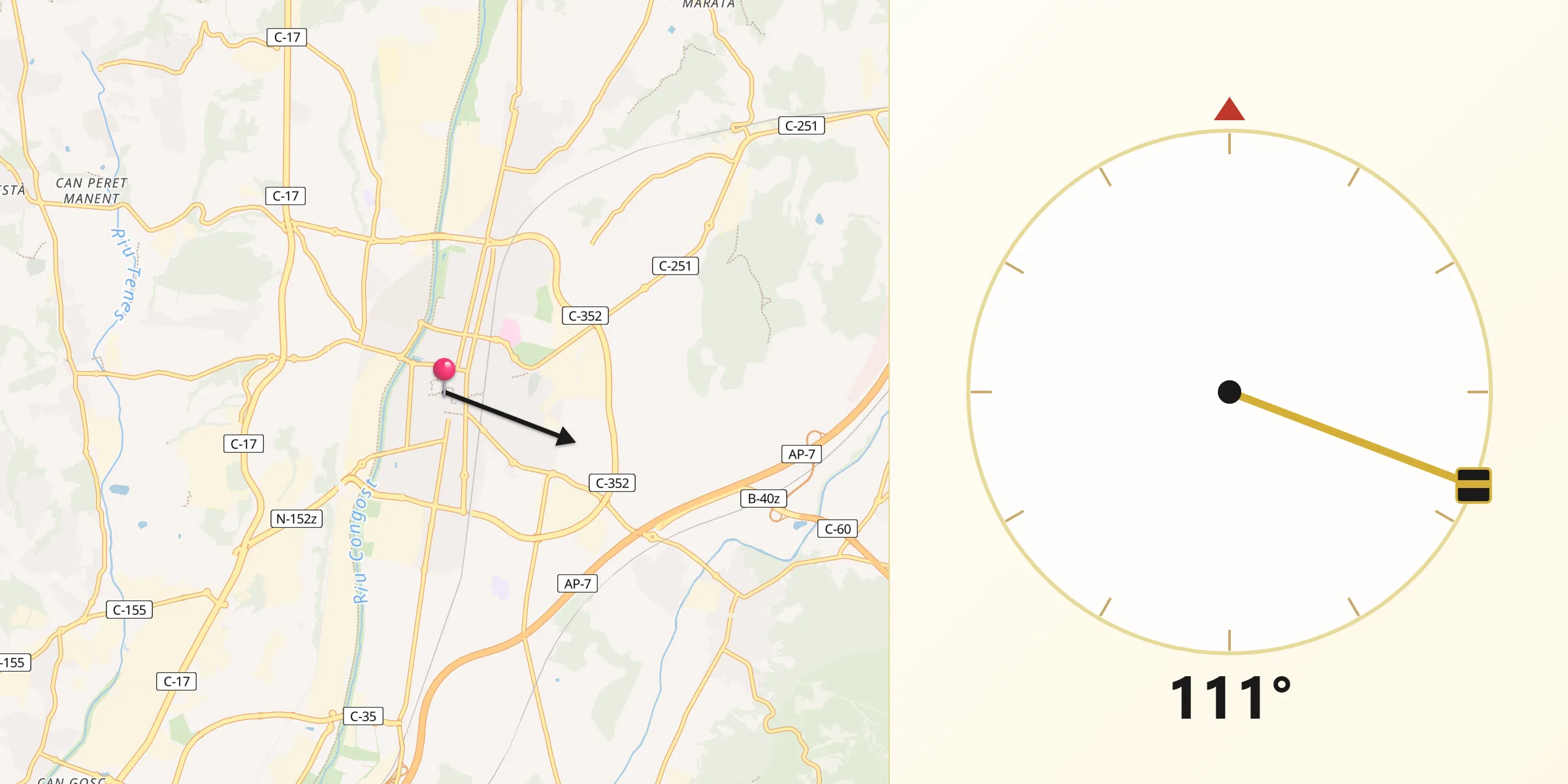 Dirección de la Qibla desde Granollers