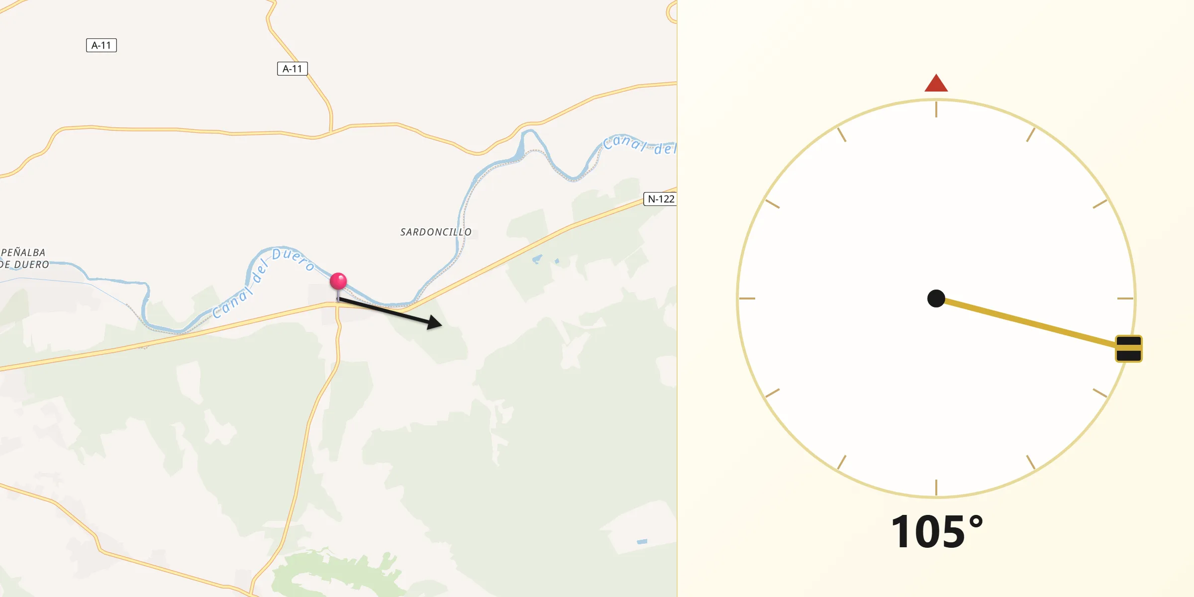 Dirección de la Qibla desde Sardón de Duero