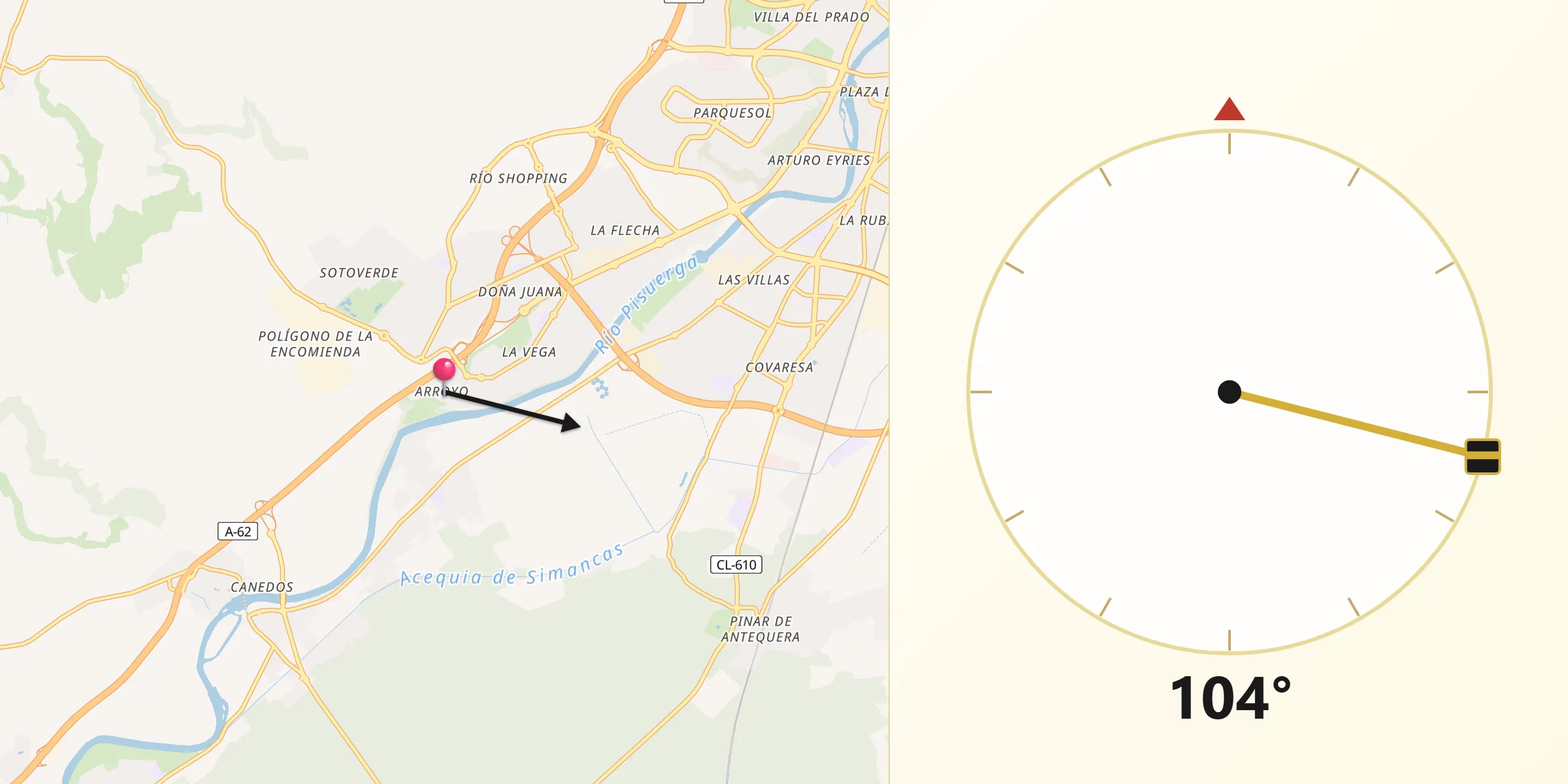 Dirección de la Qibla desde Arroyo de la Encomienda