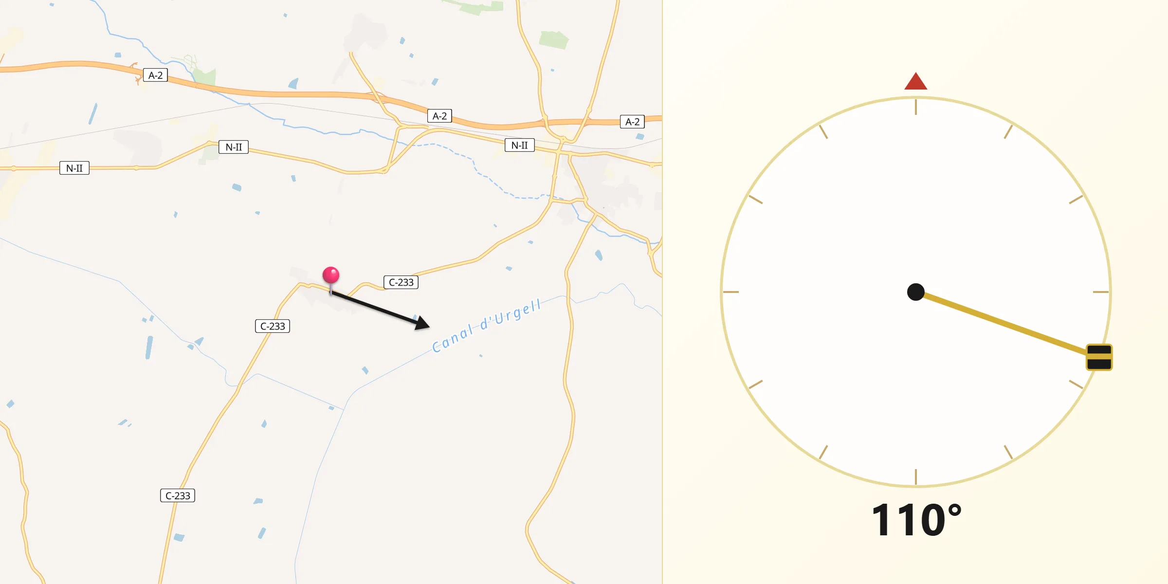 Dirección de la Qibla desde Vilanova de Bellpuig
