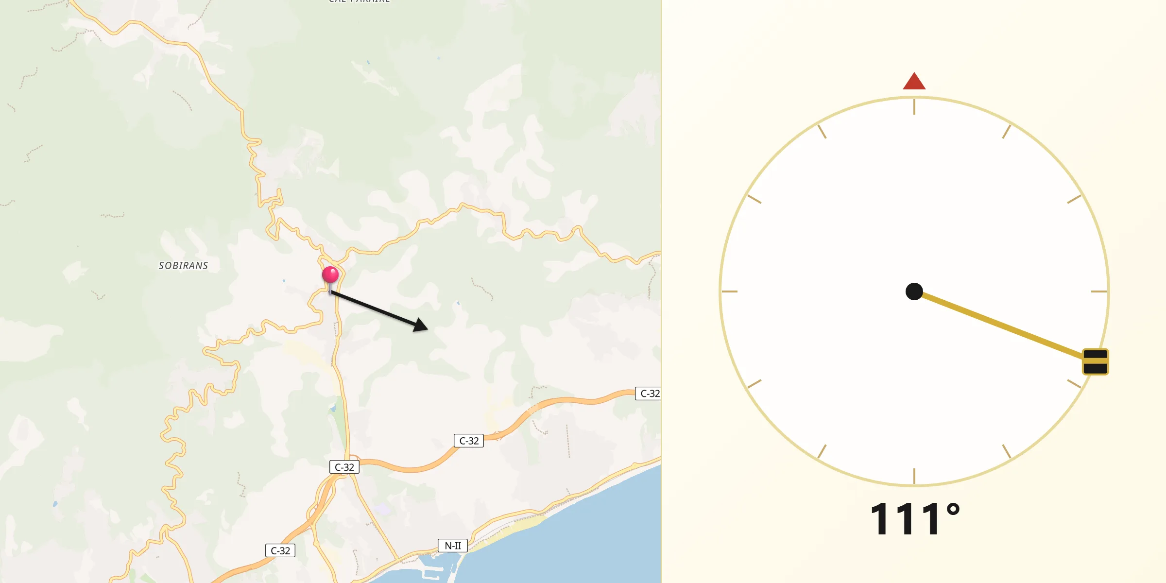 Dirección de la Qibla desde Arenys de Munt
