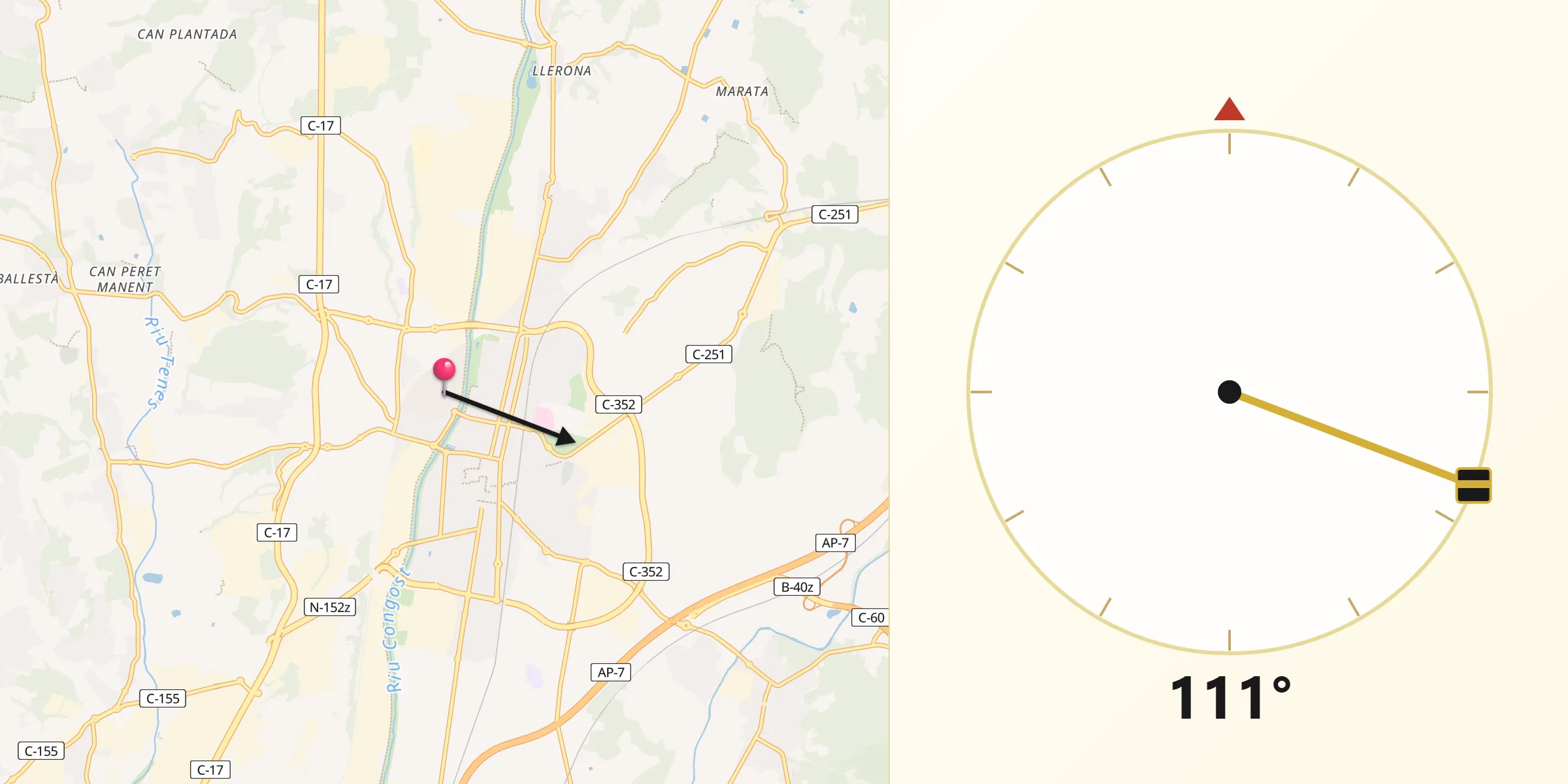 Dirección de la Qibla desde Canovellas