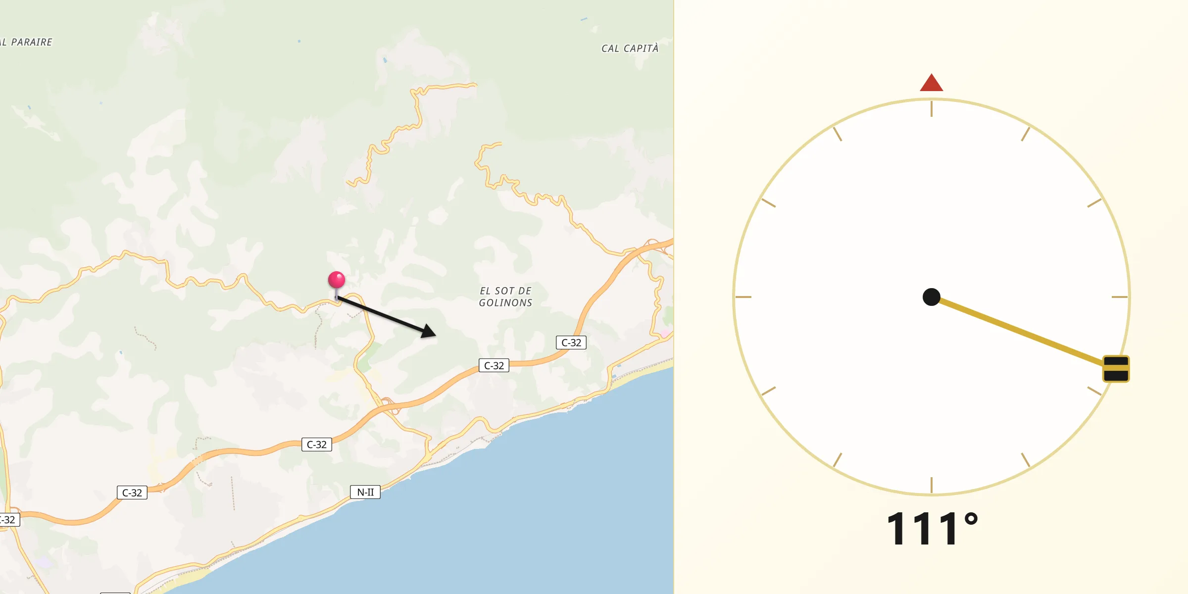Dirección de la Qibla desde Sant Cebrià de Vallalta