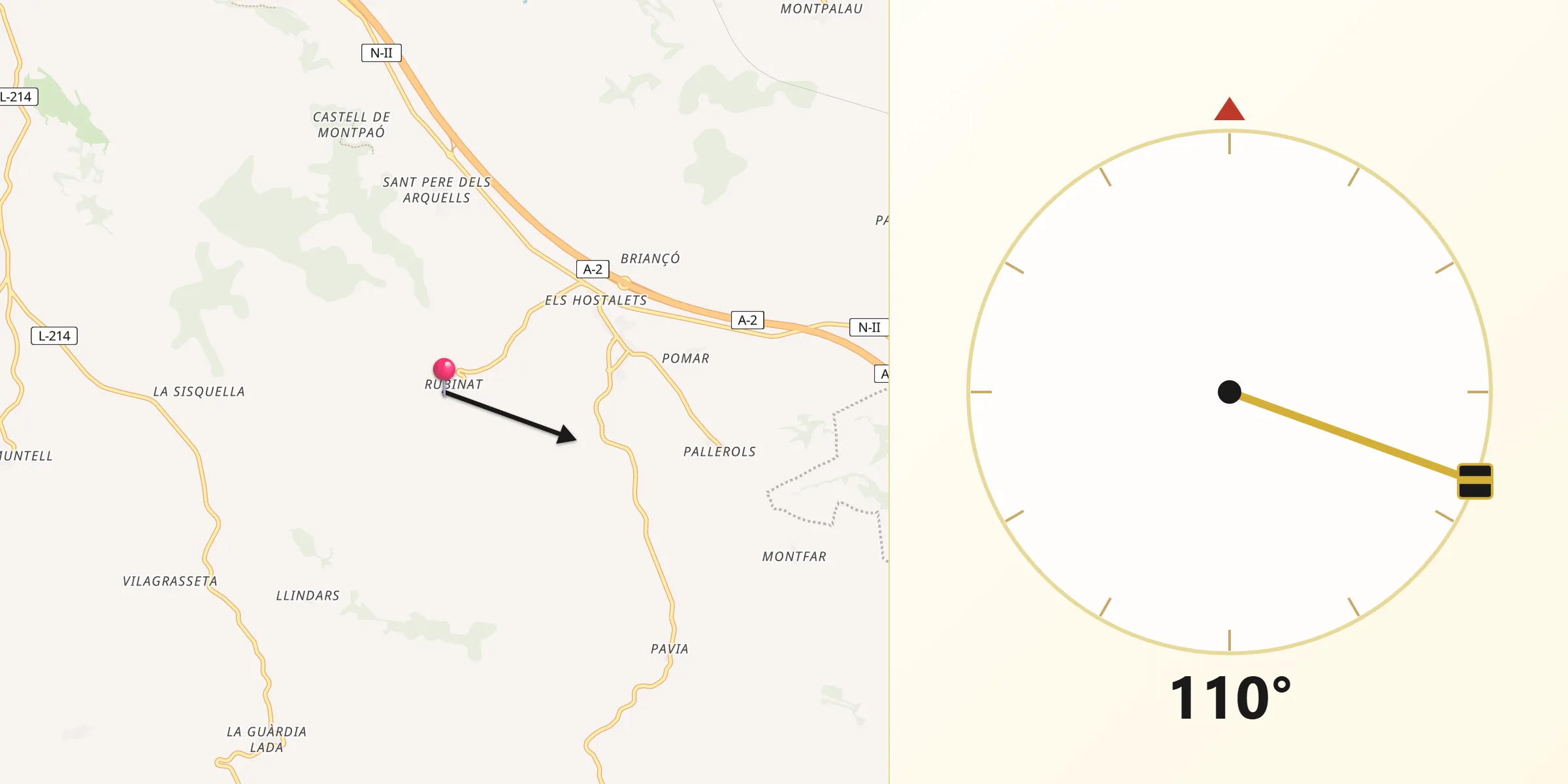 Dirección de la Qibla desde Ribera d'Ondara