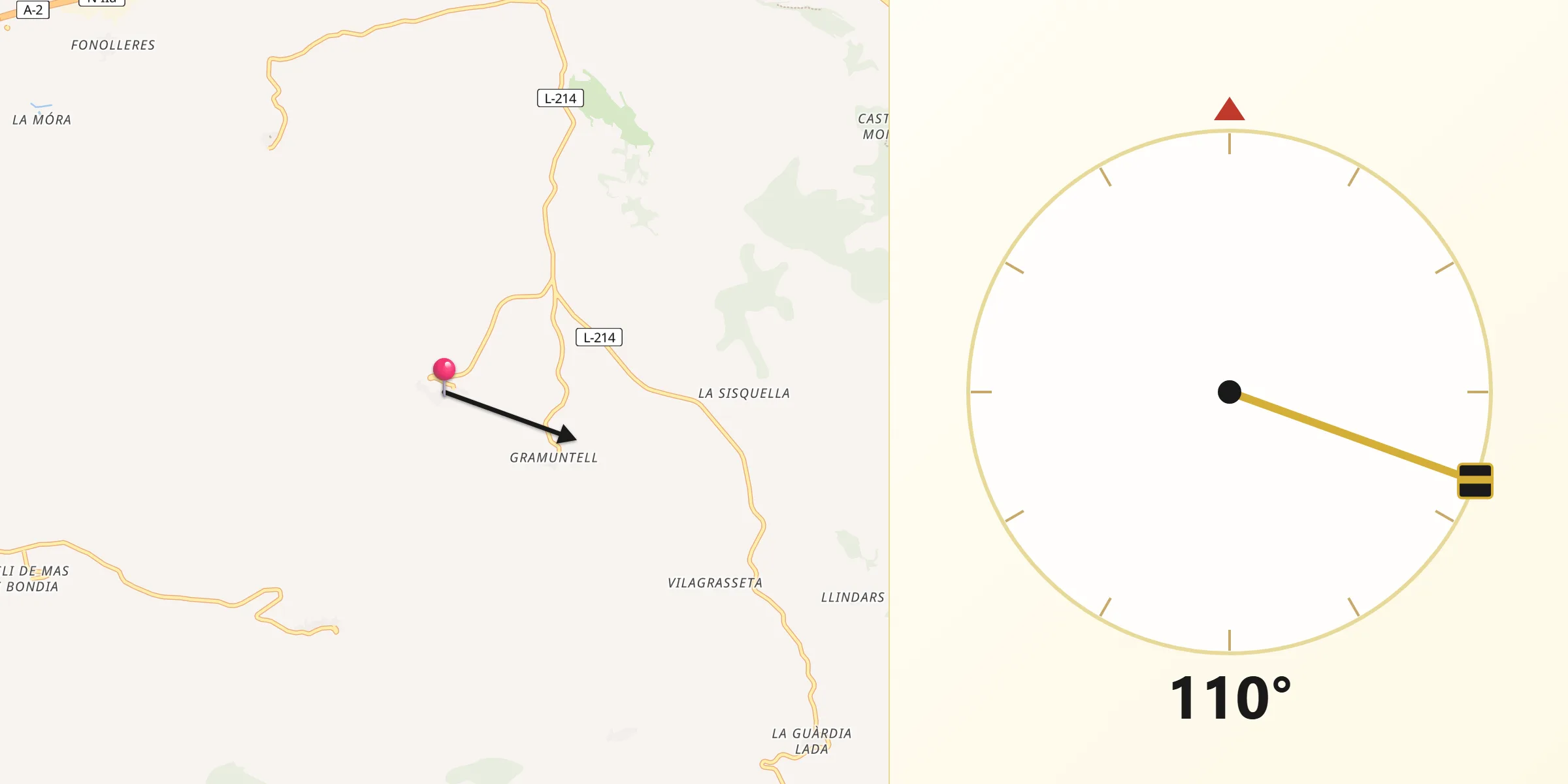 Dirección de la Qibla desde Granyena de Segarra