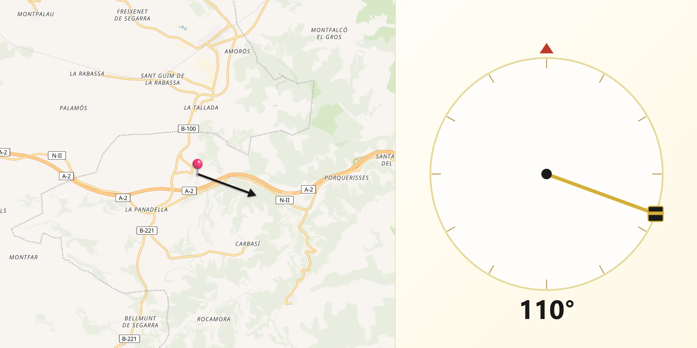 Dirección de la Qibla desde Montmaneu