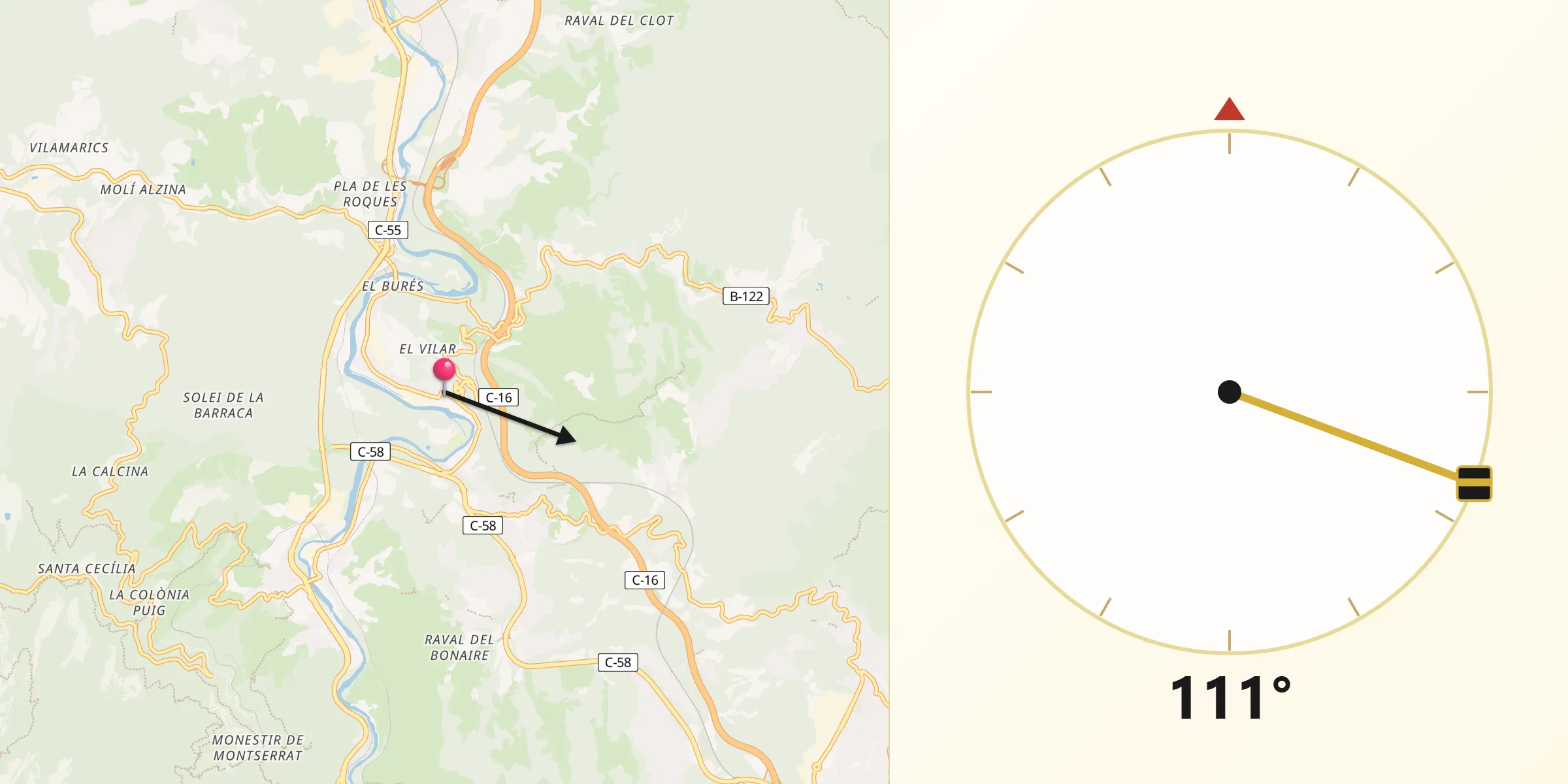 Dirección de la Qibla desde Castellbell i el Vilar