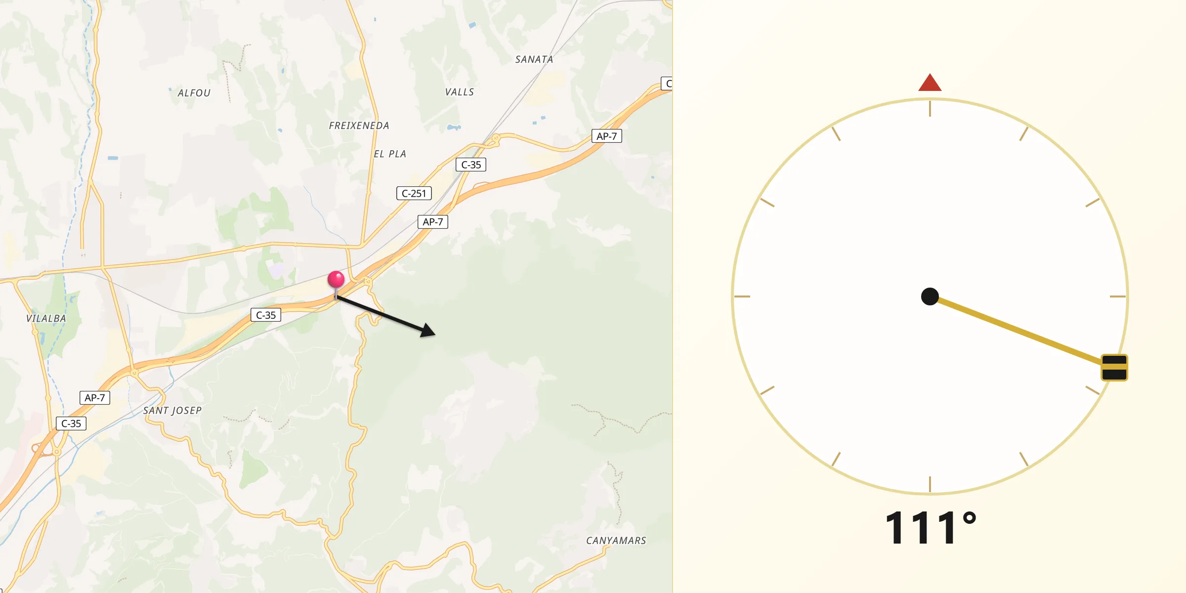 Dirección de la Qibla desde Llinars del Vallès