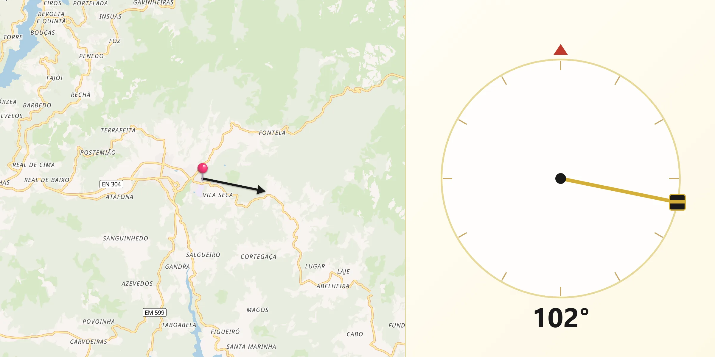 Direção da Qibla a partir de Vieira do Minho