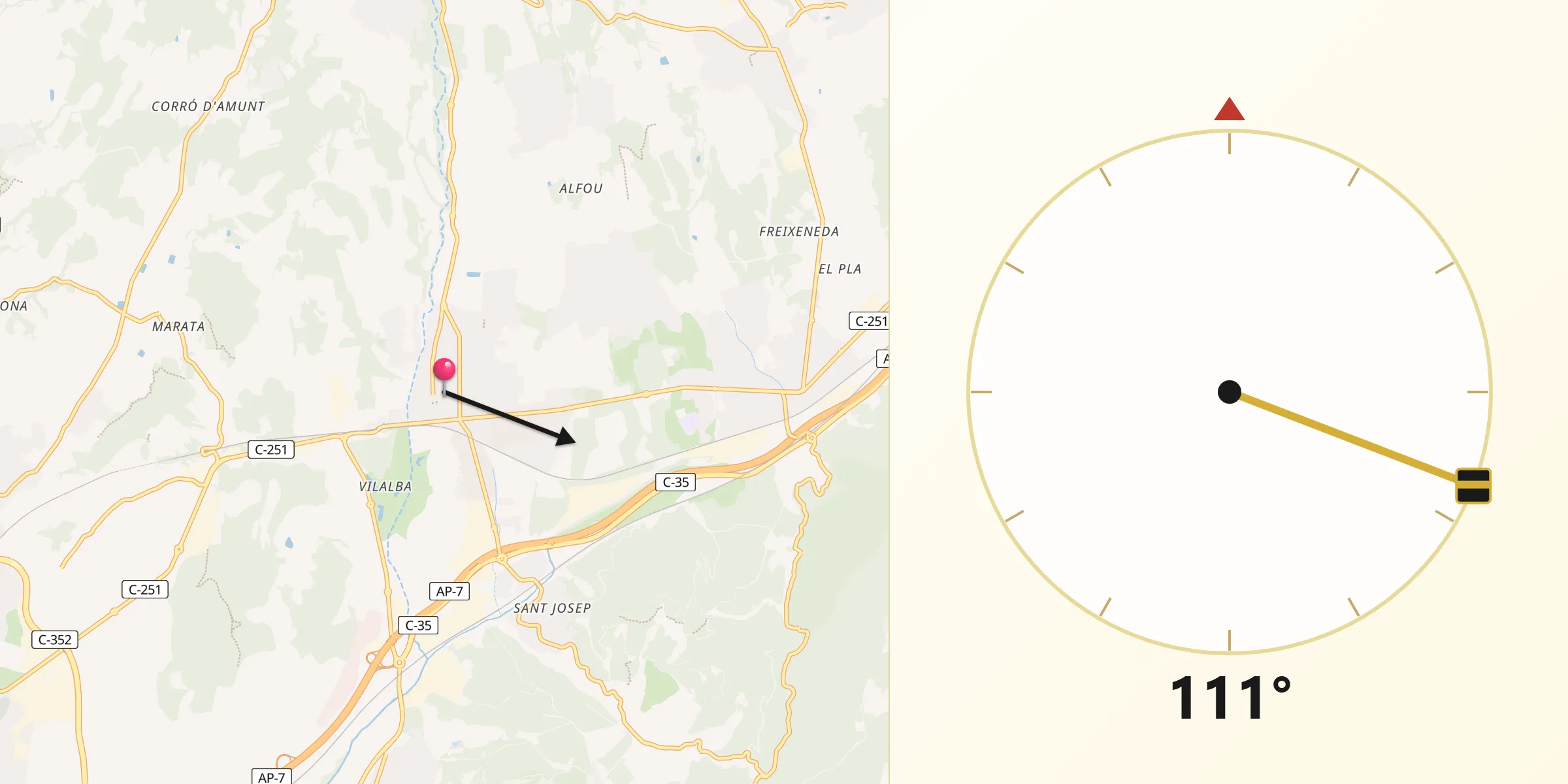 Dirección de la Qibla desde Cardedeu