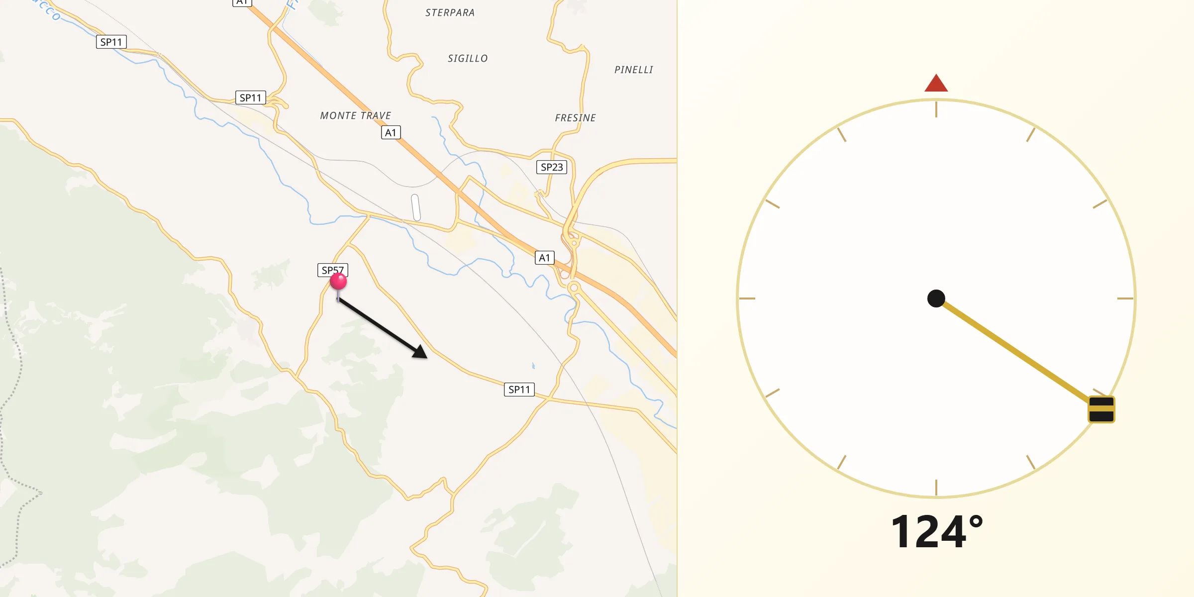 Direzione della Qibla da Cerquotti-Madonna del Piano