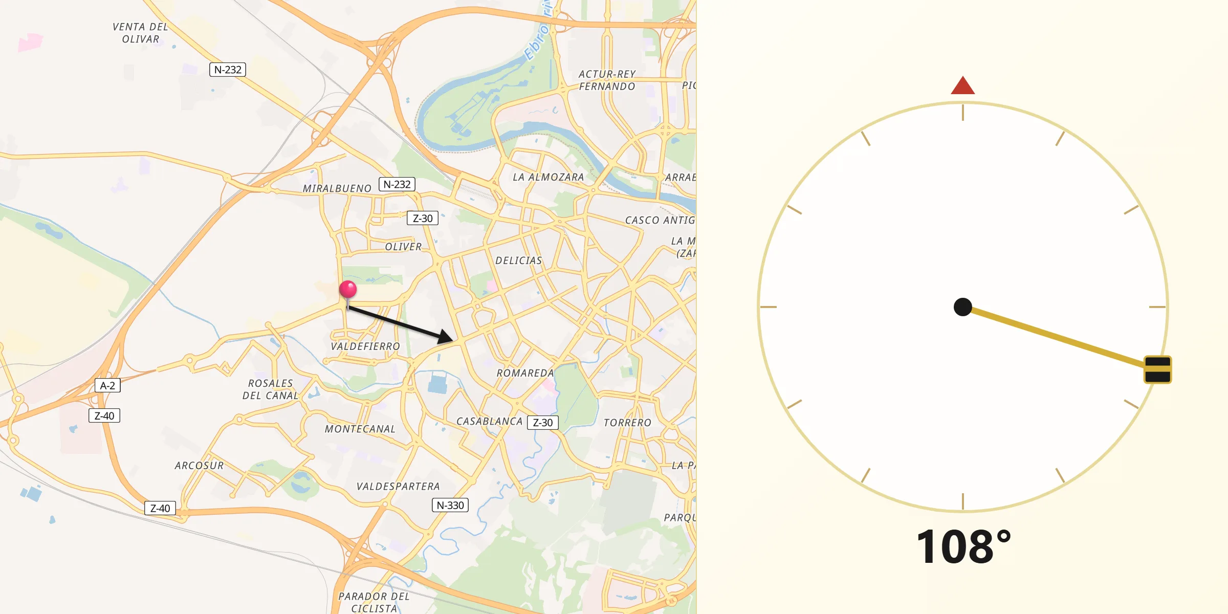 Dirección de la Qibla desde Oliver-Valdefierro