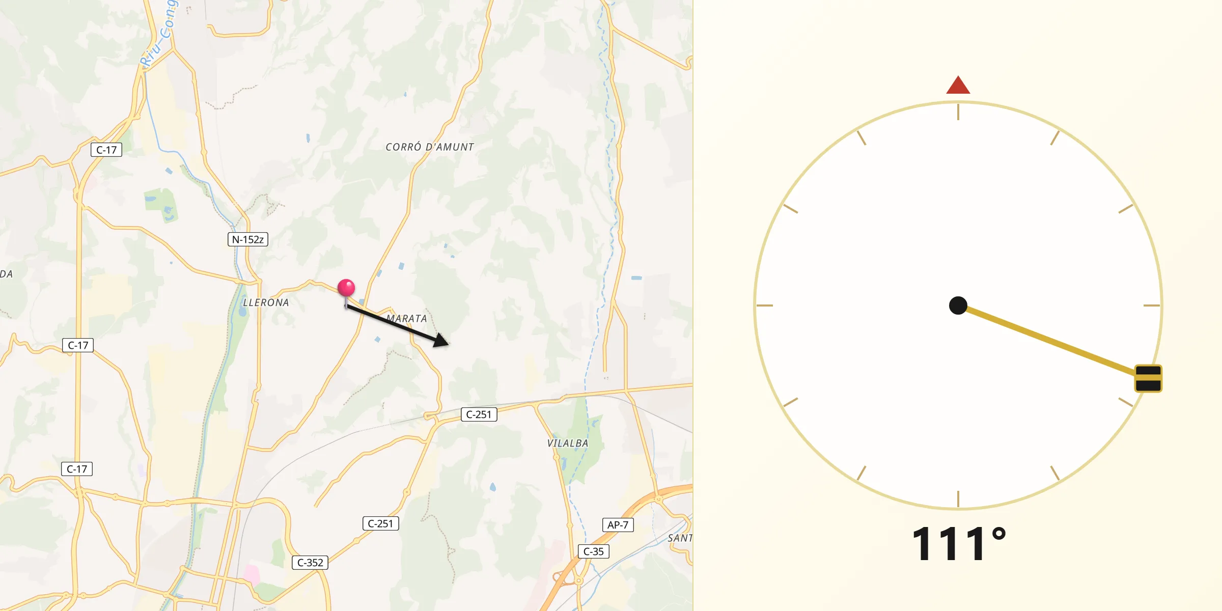 Dirección de la Qibla desde Les Franqueses del Vallès