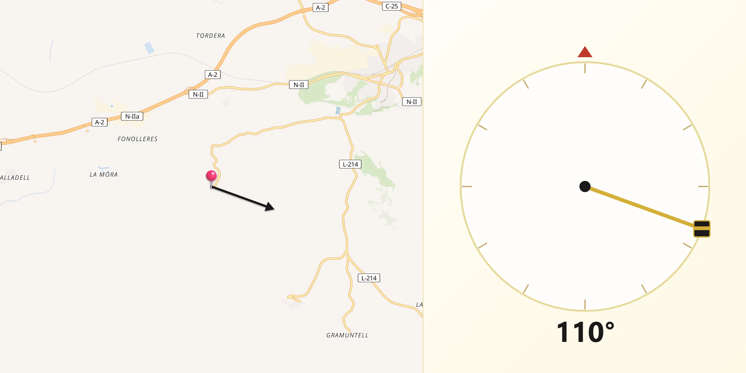 Dirección de la Qibla desde Granyanella