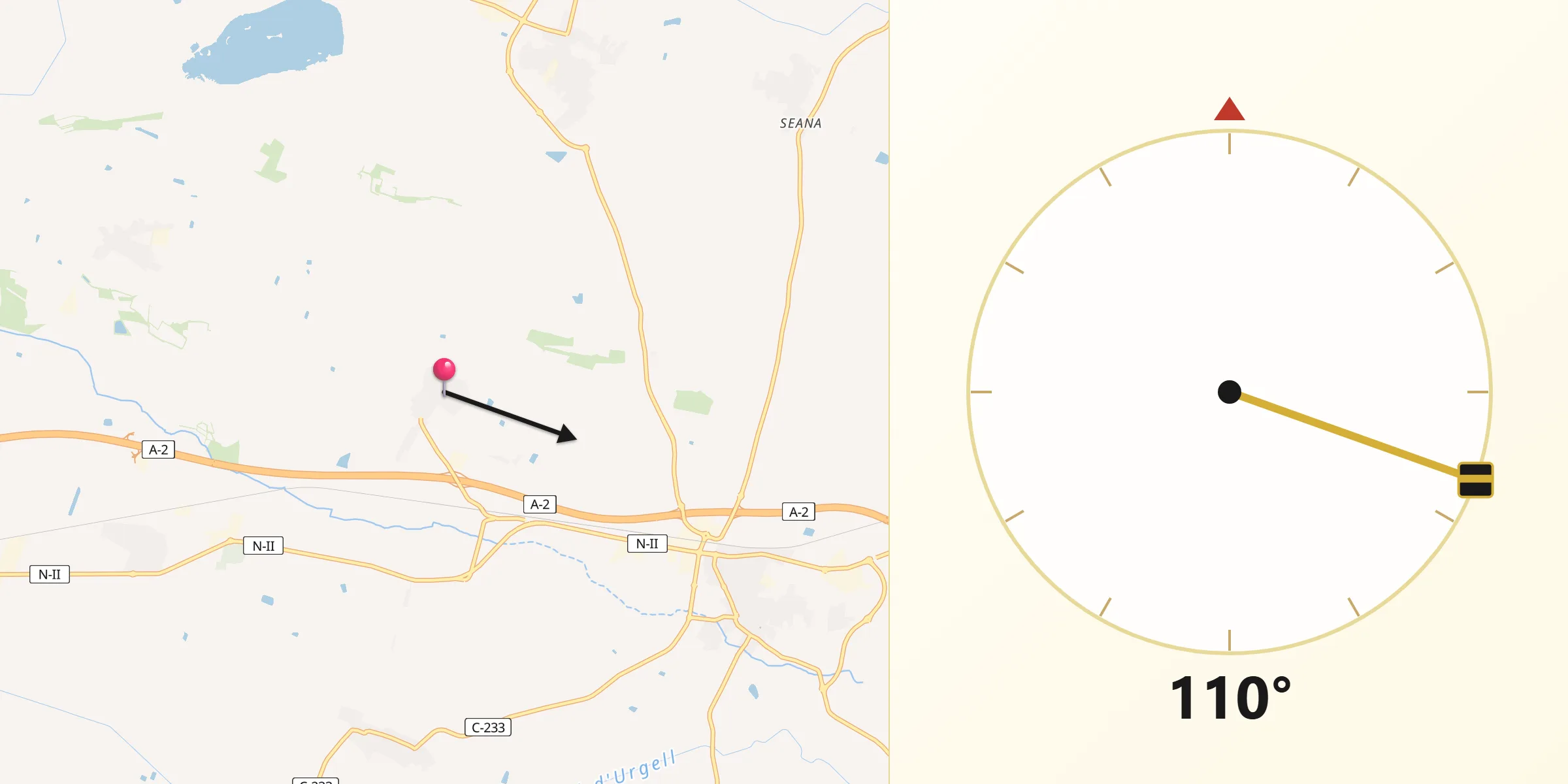 Dirección de la Qibla desde Castellnou de Seana