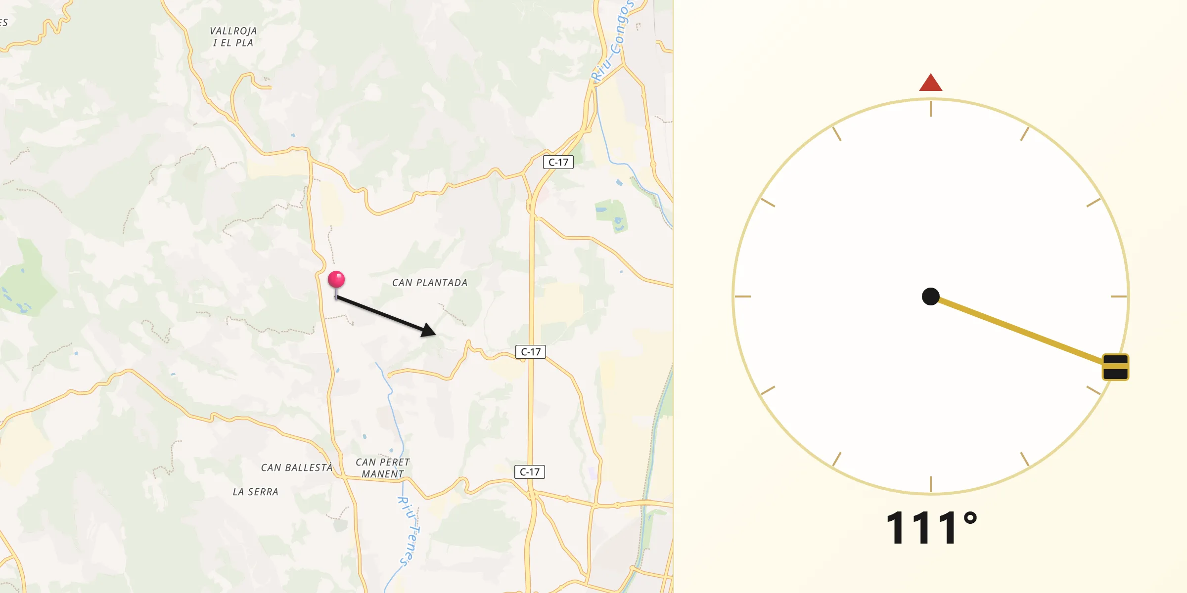 Dirección de la Qibla desde Santa Eulàlia de Ronçana