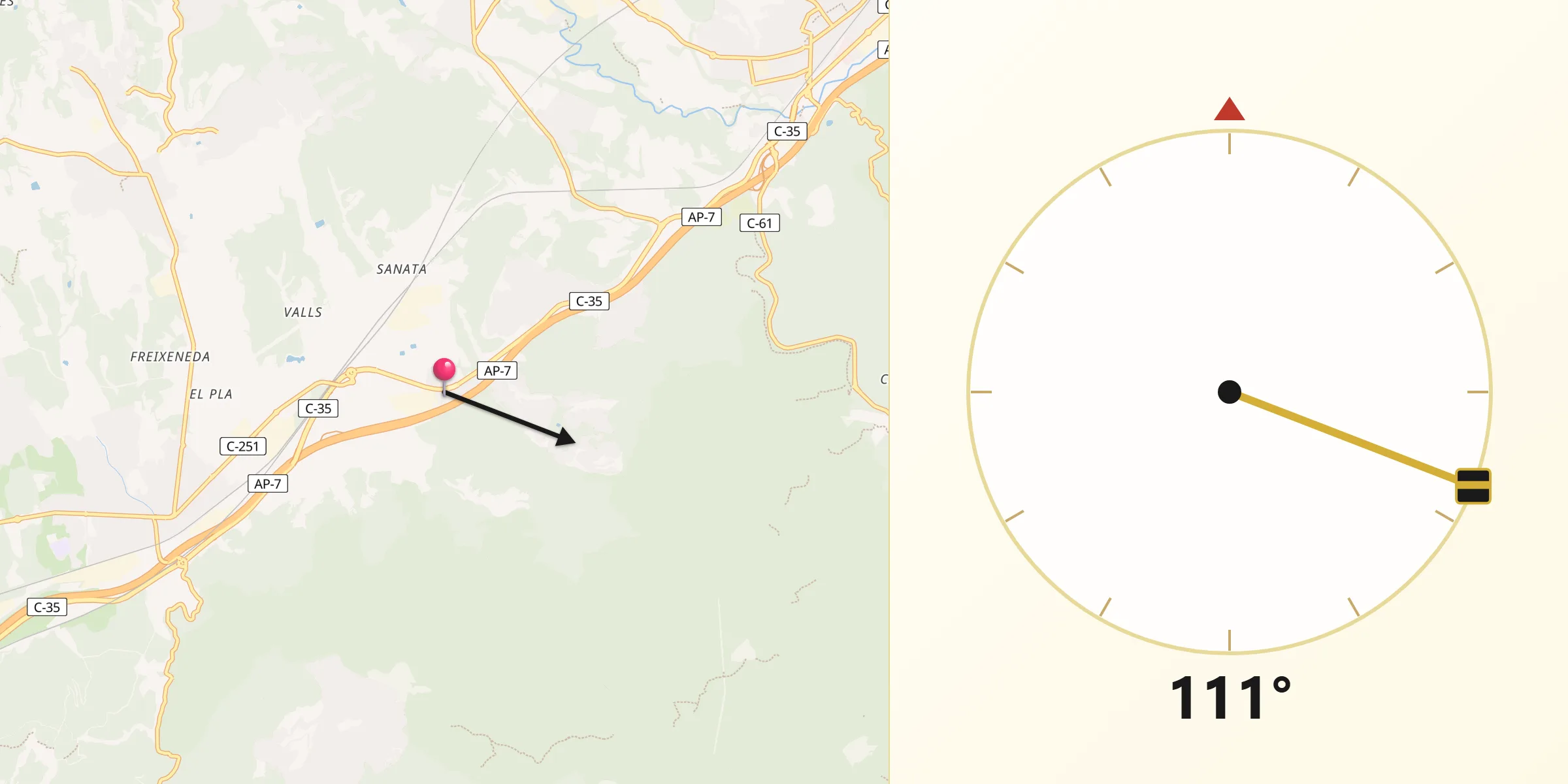Dirección de la Qibla desde Vilalba Sasserra
