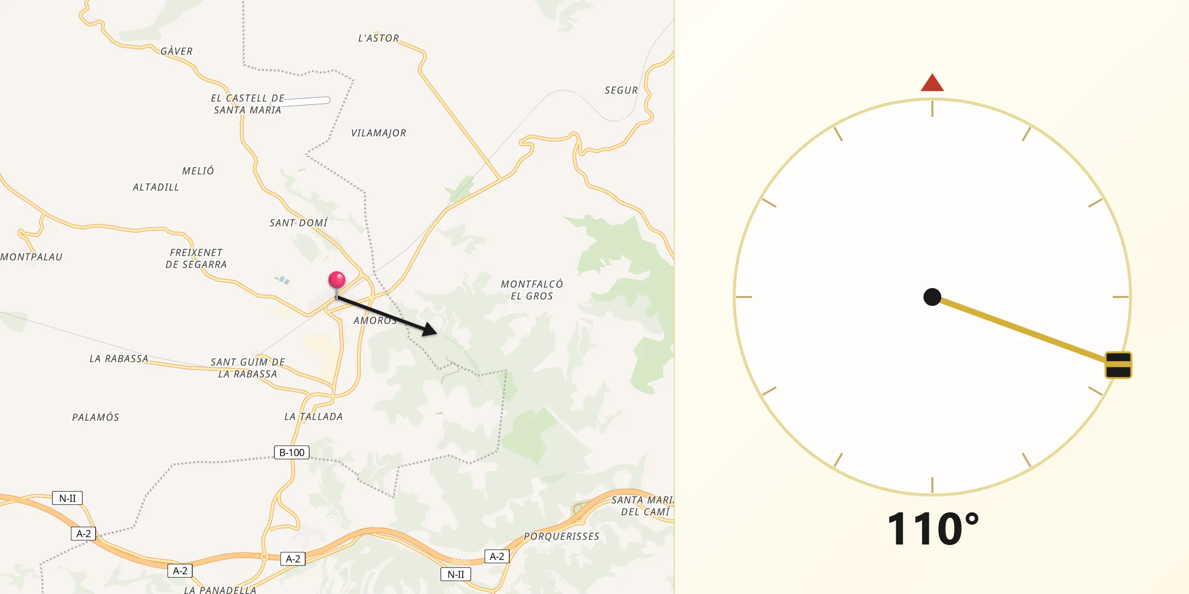 Dirección de la Qibla desde Sant Guim de Freixenet