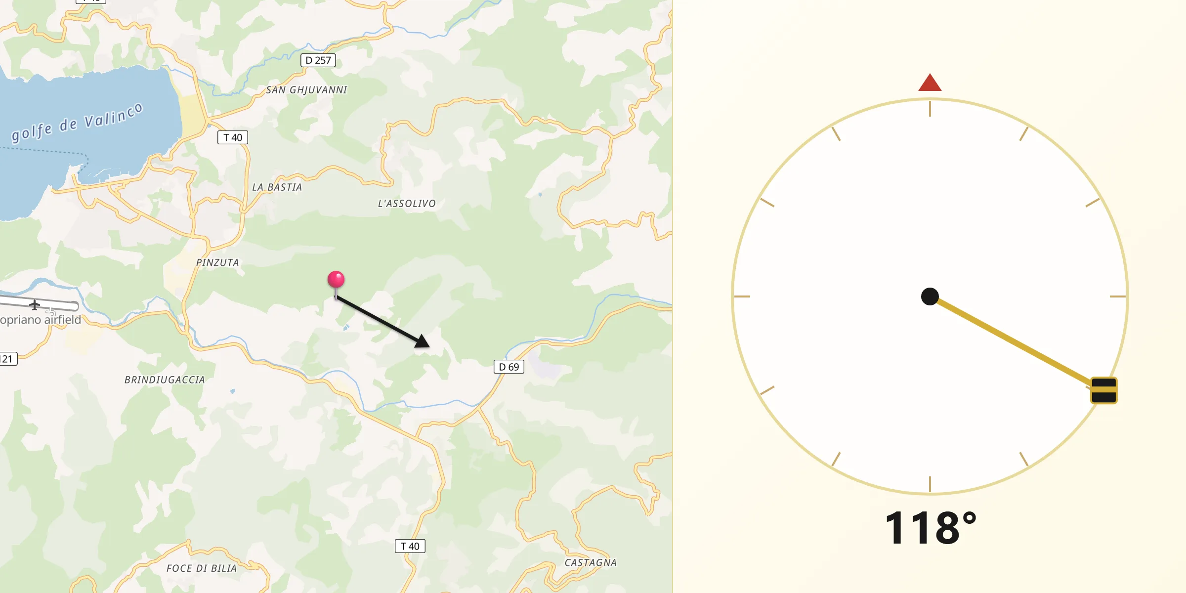 Direction vers la Qibla depuis Levie