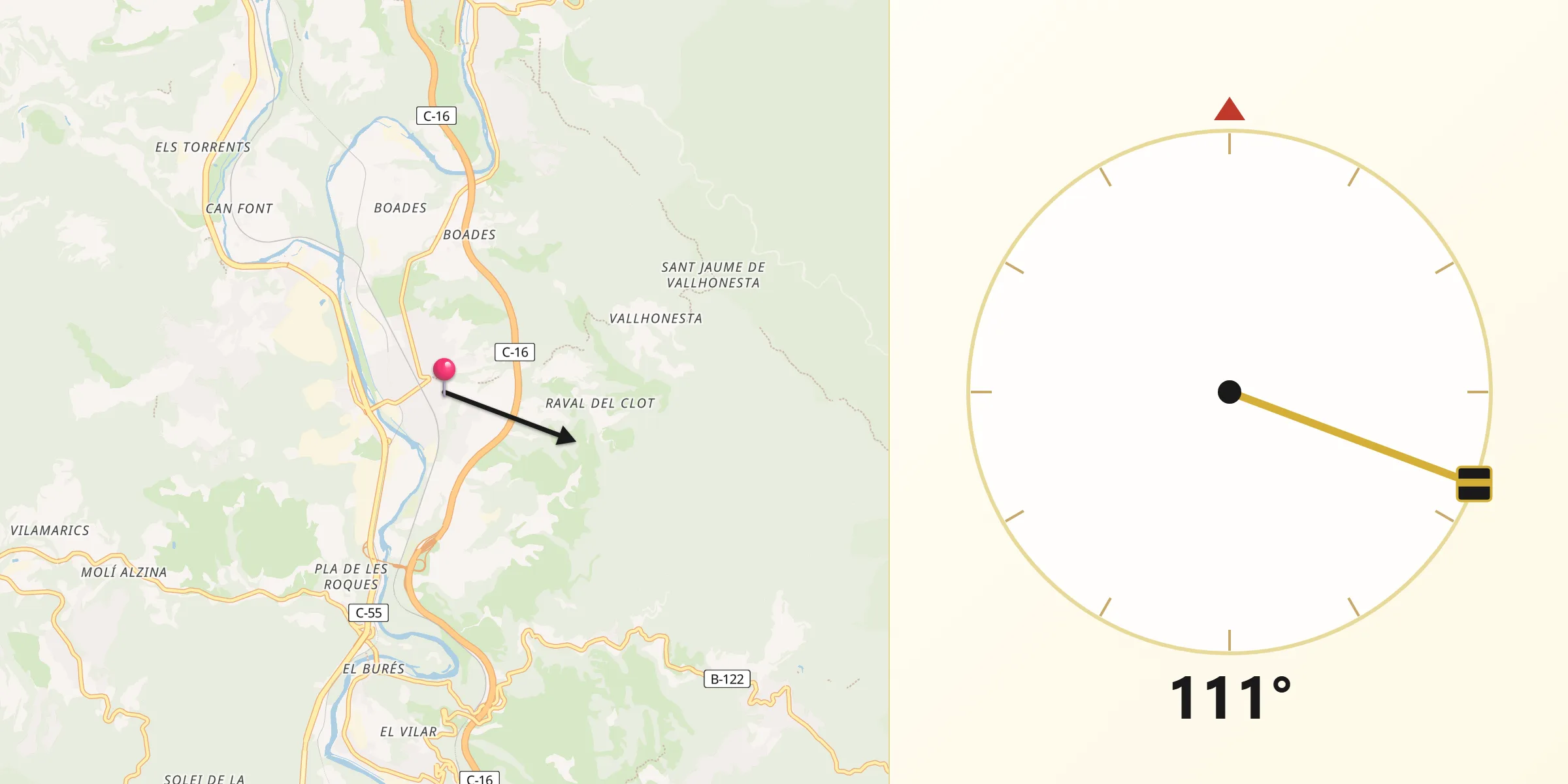 Dirección de la Qibla desde Sant Vicenç de Castellet