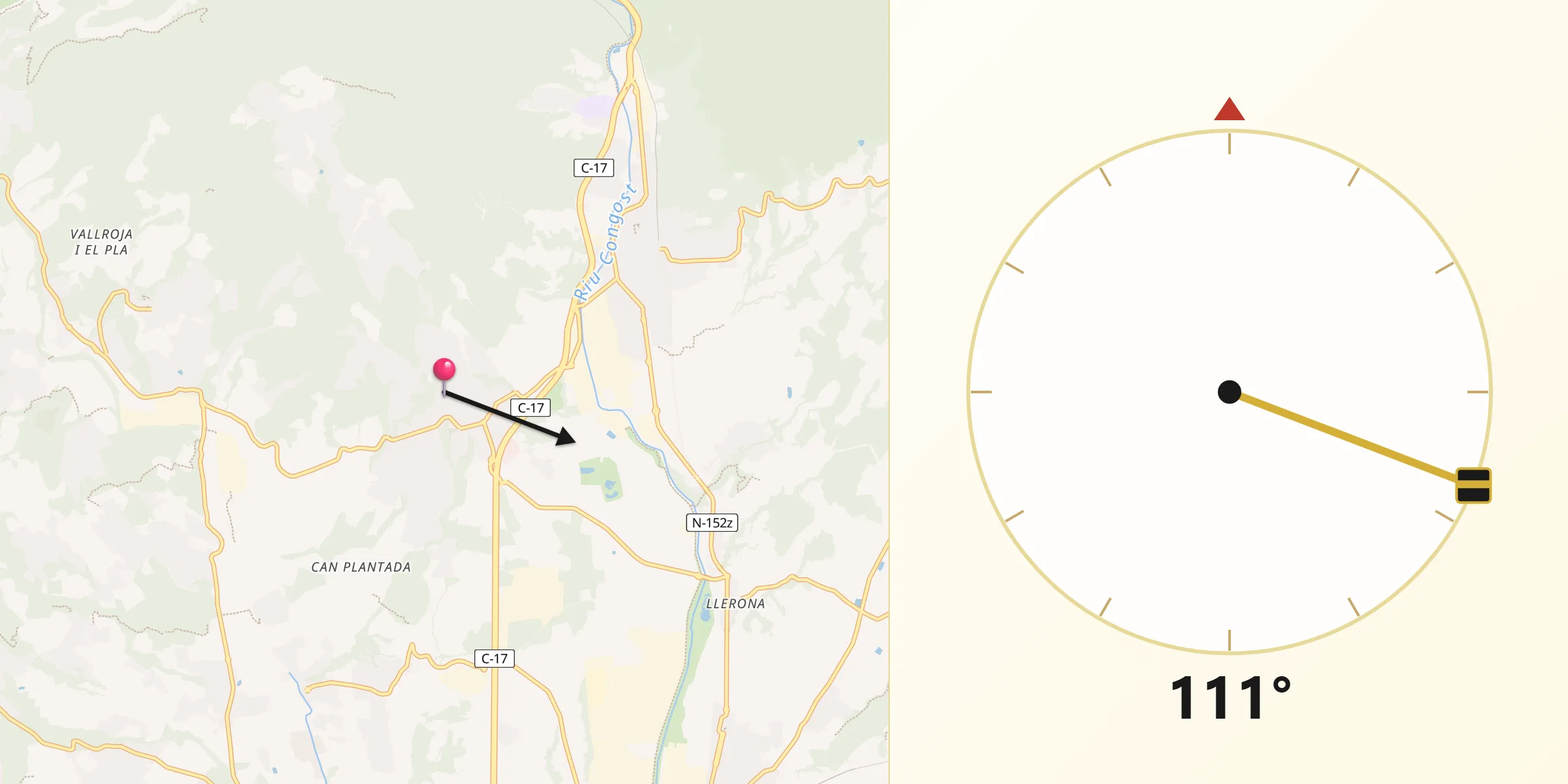 Dirección de la Qibla desde Ametlla del Vallès L