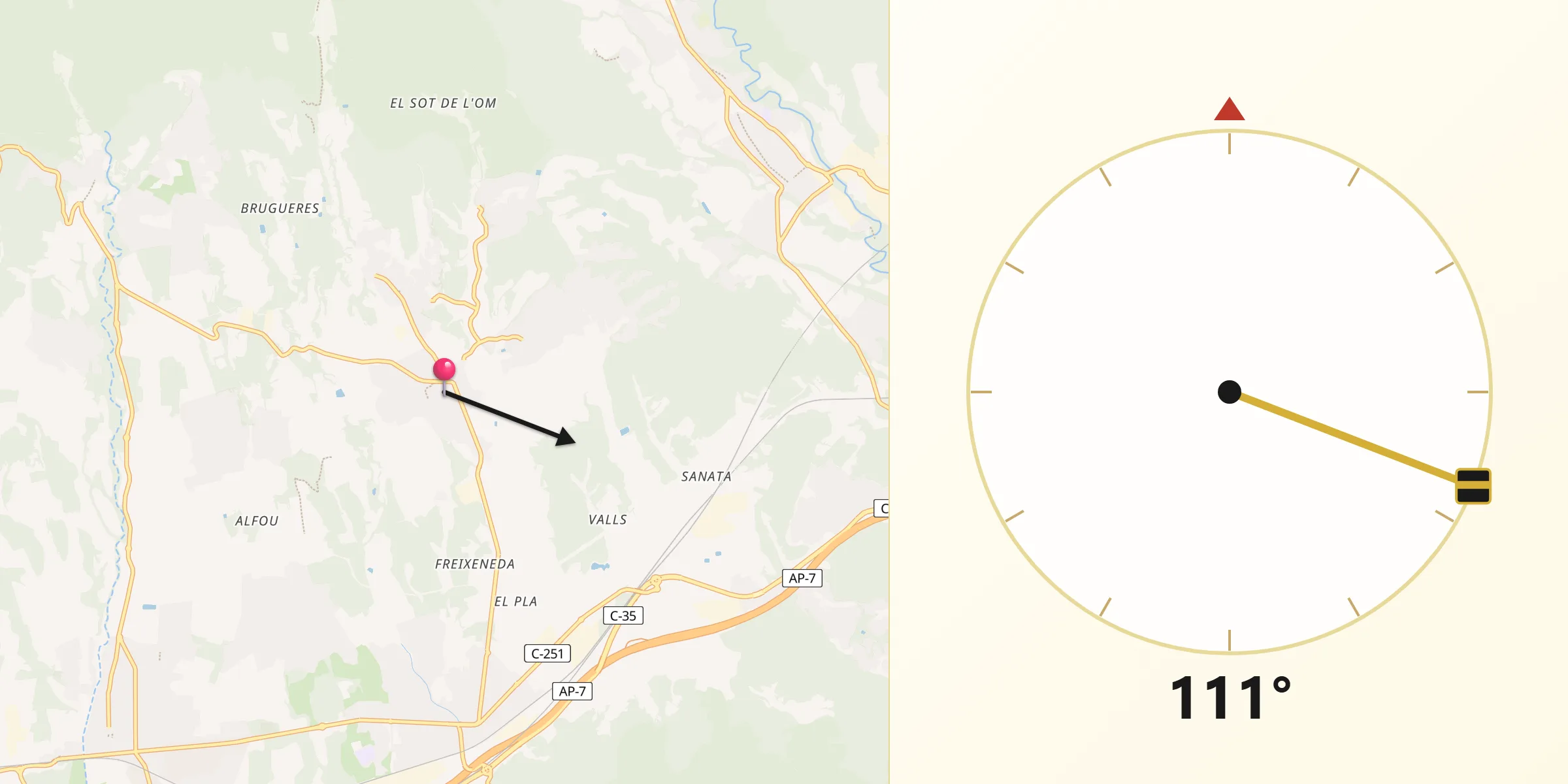 Dirección de la Qibla desde Sant Antoni de Vilamajor