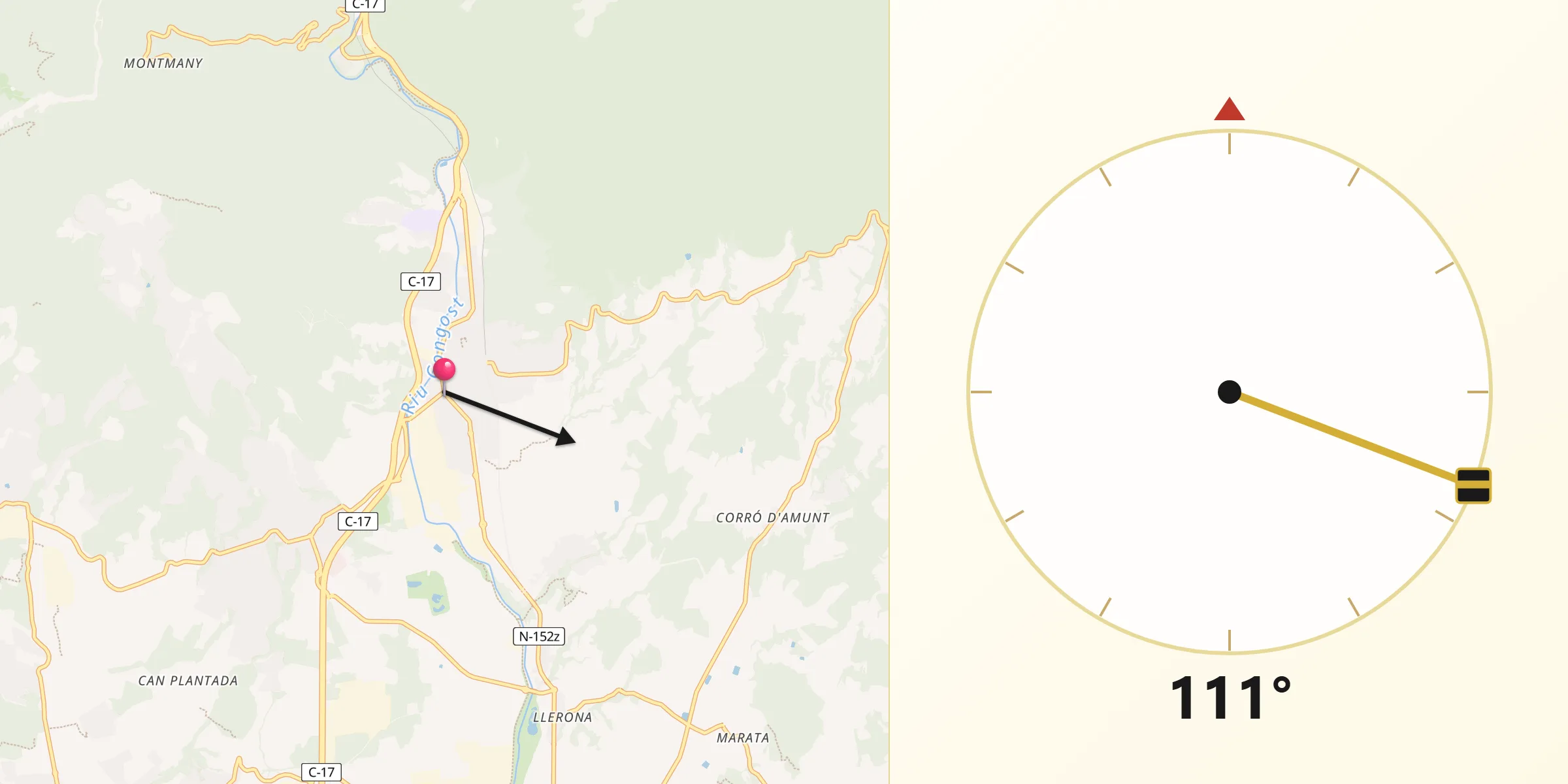 Dirección de la Qibla desde La Garriga