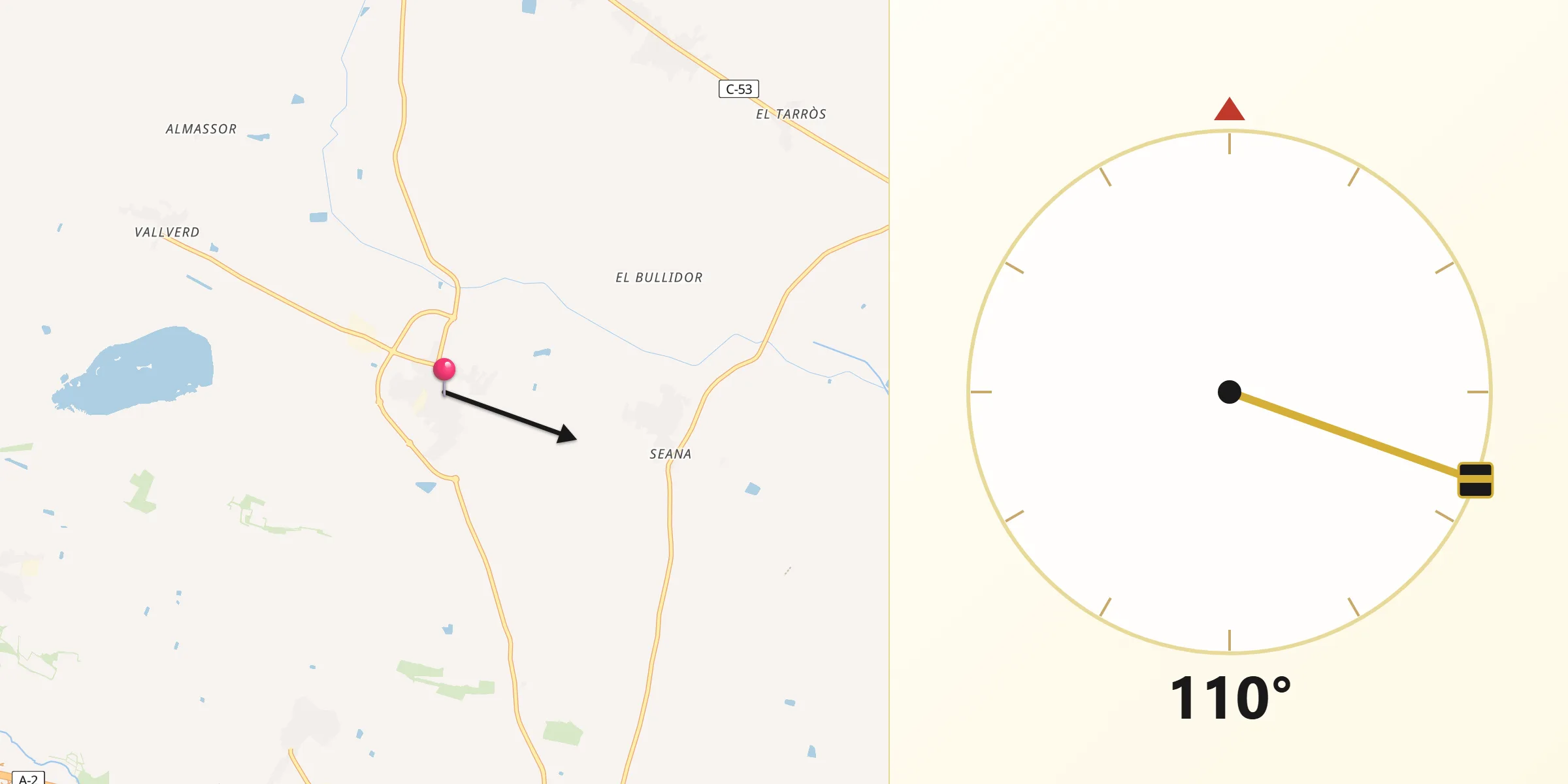Dirección de la Qibla desde Ivars d'Urgell