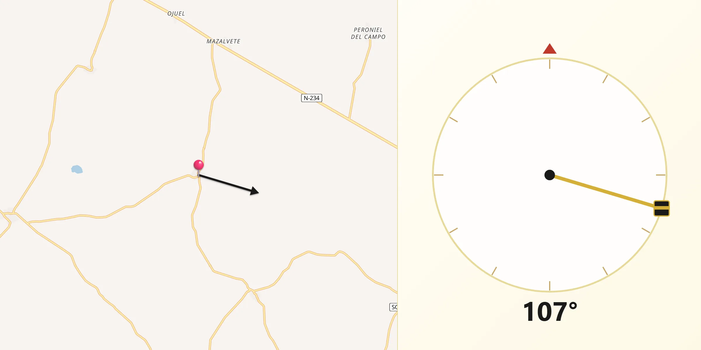Dirección de la Qibla desde Cabrejas del Campo