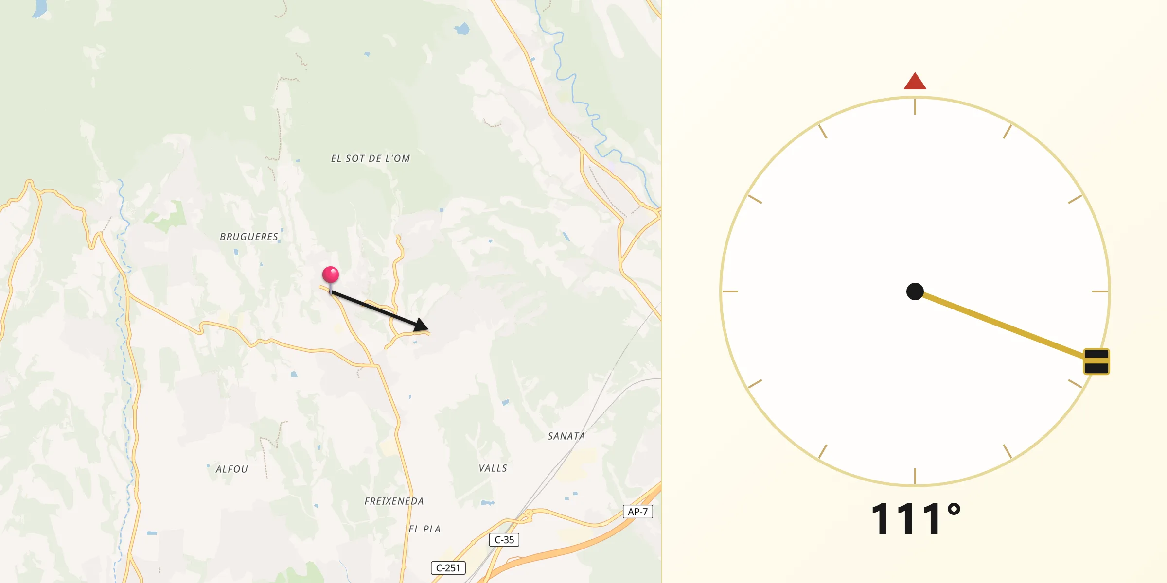 Dirección de la Qibla desde Sant Pere de Vilamajor