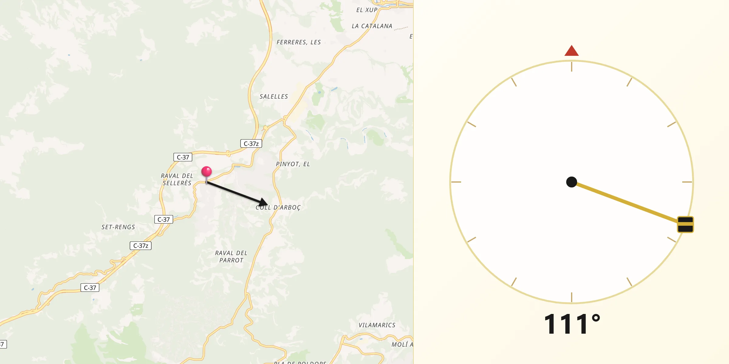 Dirección de la Qibla desde Sant Salvador de Guardiola