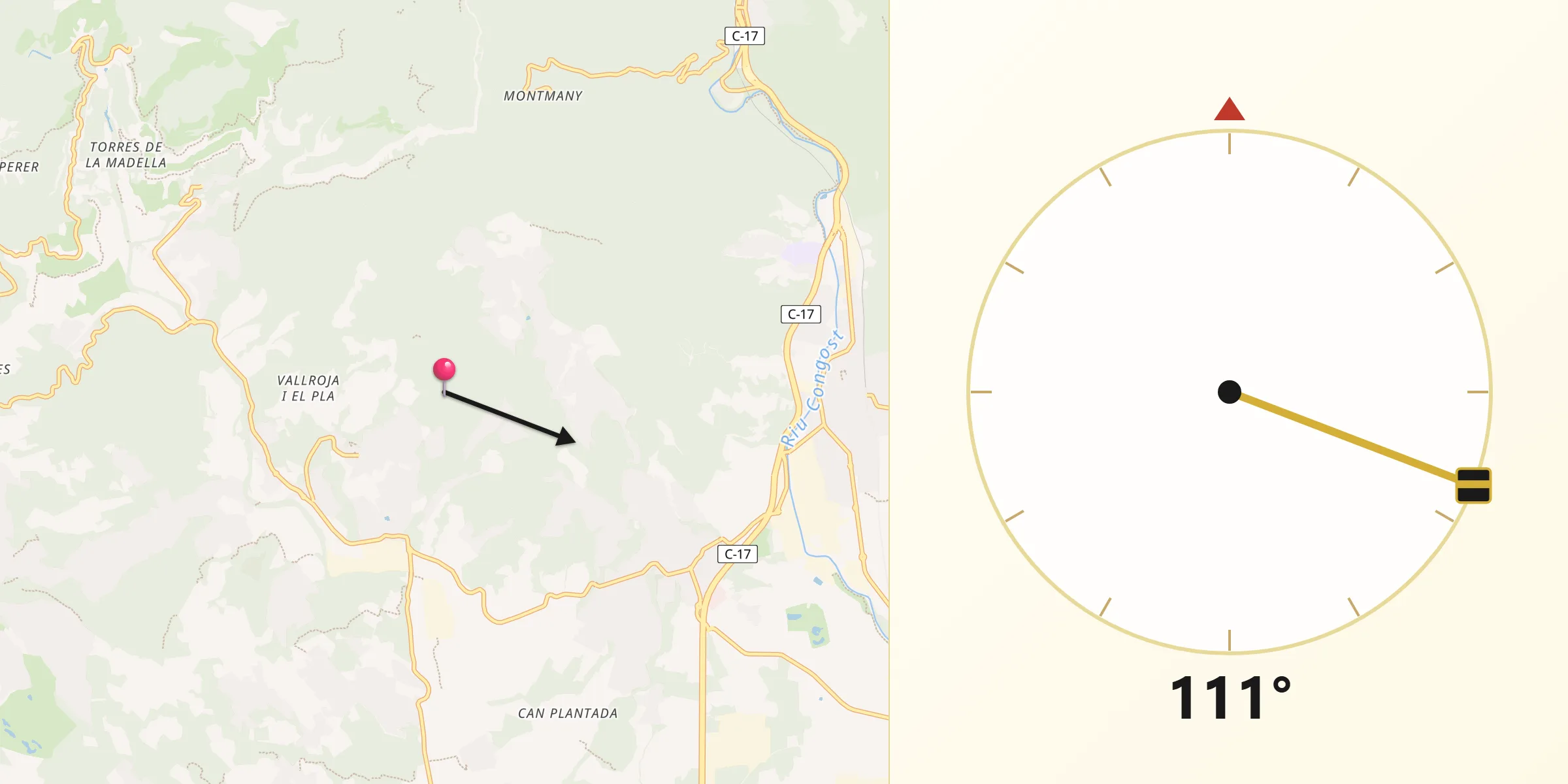 Dirección de la Qibla desde Bigues i Riells