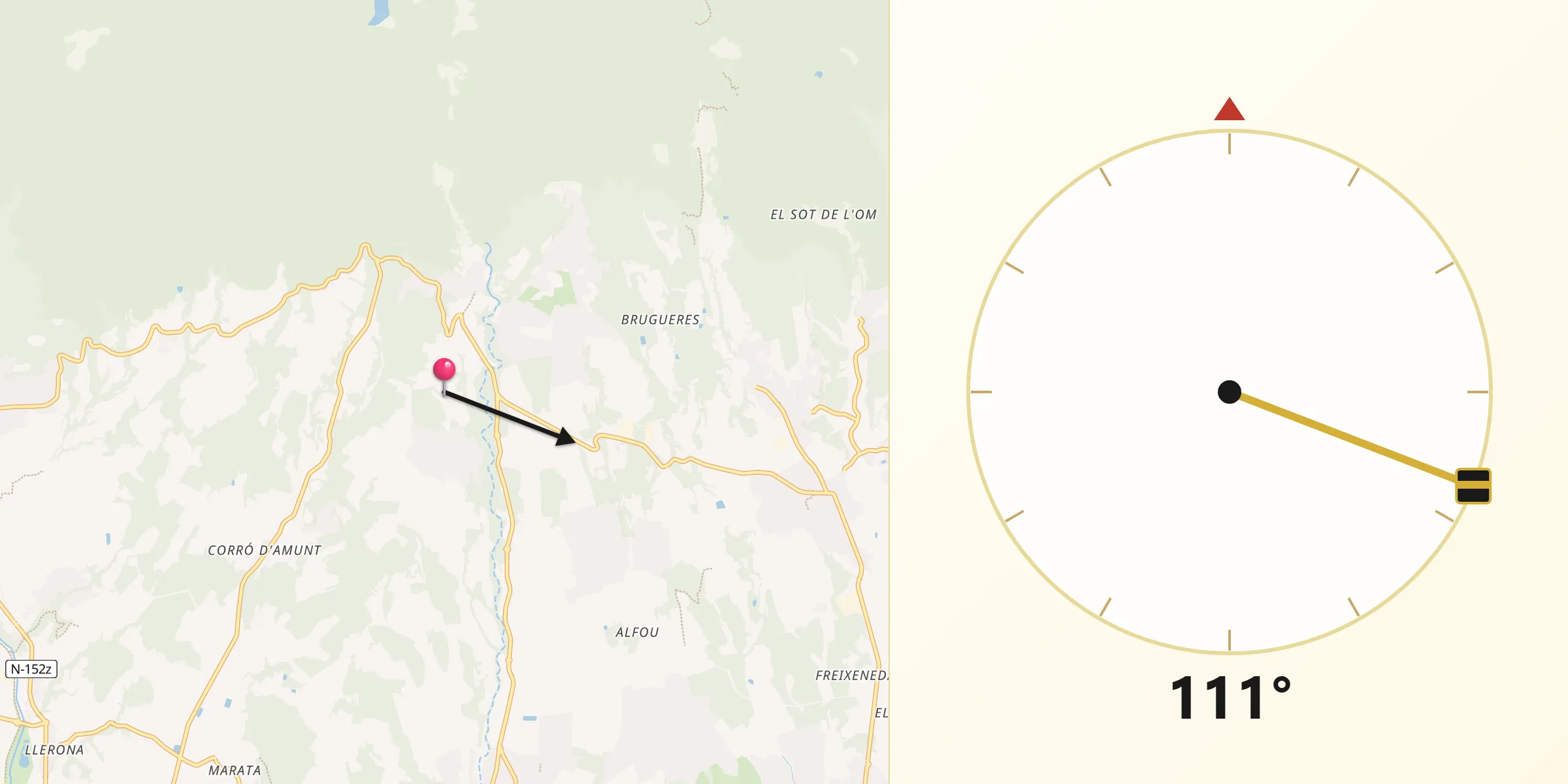 Dirección de la Qibla desde Cànoves i Samalús