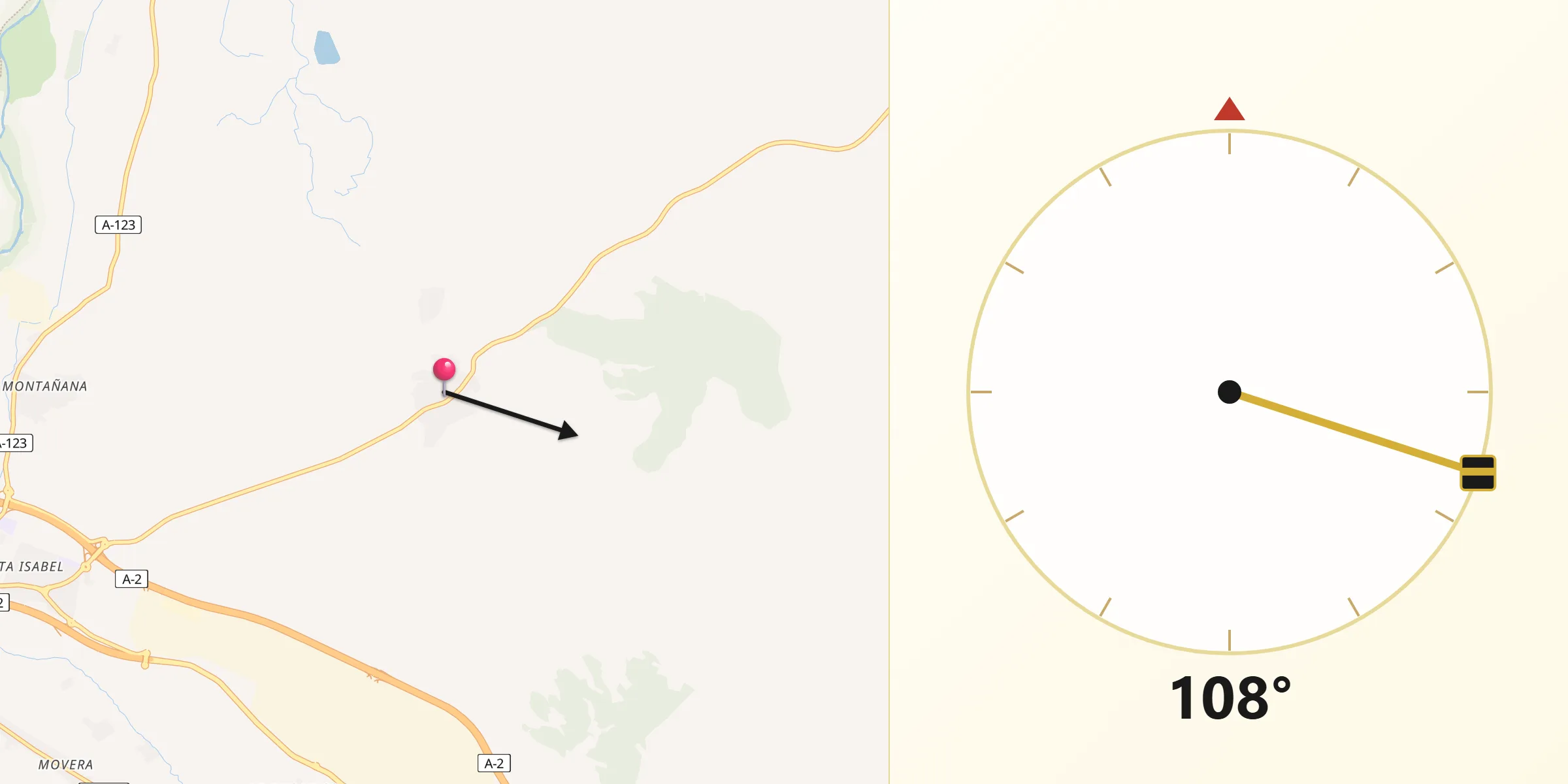 Dirección de la Qibla desde Villamayor de Gállego