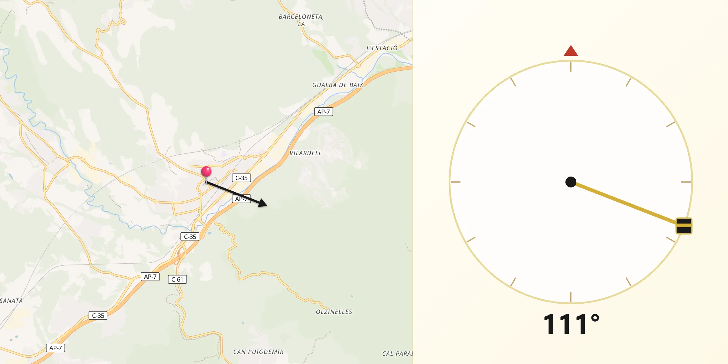 Dirección de la Qibla desde San Celoni